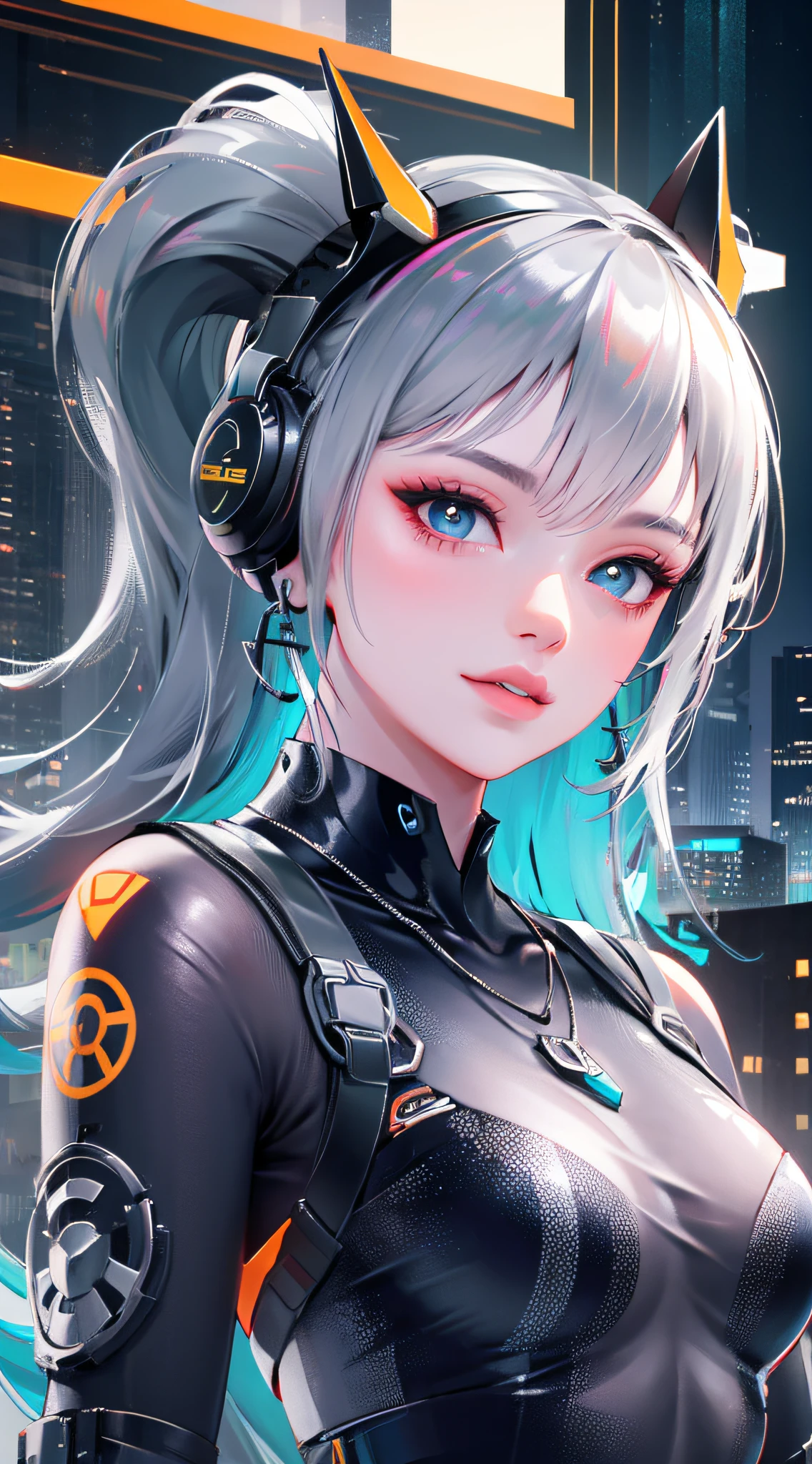 1 girl, Chinese_clothes, liquid silver and orange, cyberhan, cheongsam, cyberpunk city, dynamic pose, detailed luminous headphones, glowing hair accessories, long hair, glowing earrings, glowing necklace, cyberpunk, high-tech city, full of mechanical and futuristic elements, futuristic, technology, glowing neon, orange, orange light, transparent tulle, transparent streamers, laser, digital background urban sky, big moon, with vehicles, best quality, masterpiece, 8K, character edge light, Super high detail, high quality, the most beautiful woman in human beings, micro smile, face facing front and left and right symmetry, ear decoration, beautiful pupils, light effects, visual data, silver white hair, super detail facial texture