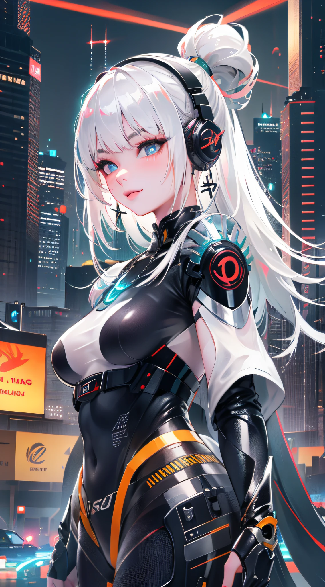 1 girl, Chinese_clothes, liquid silver and orange, cyberhan, cheongsam, cyberpunk city, dynamic pose, detailed luminous headphones, glowing hair accessories, long hair, glowing earrings, glowing necklace, cyberpunk, high-tech city, full of mechanical and futuristic elements, futuristic, technology, glowing neon, orange, orange light, transparent tulle, transparent streamers, laser, digital background urban sky, big moon, with vehicles, best quality, masterpiece, 8K, character edge light, Super high detail, high quality, the most beautiful woman in human beings, micro smile, face facing front and left and right symmetry, ear decoration, beautiful pupils, light effects, visual data, silver white hair, super detail facial texture