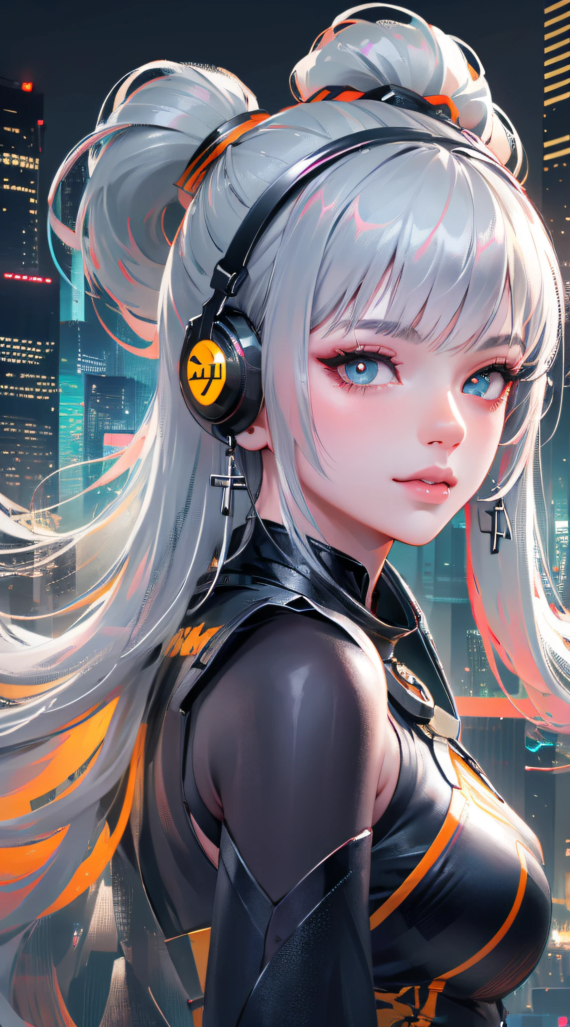 1 girl, Chinese_clothes, liquid silver and orange, cyberhan, cheongsam, cyberpunk city, dynamic pose, detailed luminous headphones, glowing hair accessories, long hair, glowing earrings, glowing necklace, cyberpunk, high-tech city, full of mechanical and futuristic elements, futuristic, technology, glowing neon, orange, orange light, transparent tulle, transparent streamers, laser, digital background urban sky, big moon, with vehicles, best quality, masterpiece, 8K, character edge light, Super high detail, high quality, the most beautiful woman in human beings, micro smile, face facing front and left and right symmetry, ear decoration, beautiful pupils, light effects, visual data, silver white hair, super detail facial texture