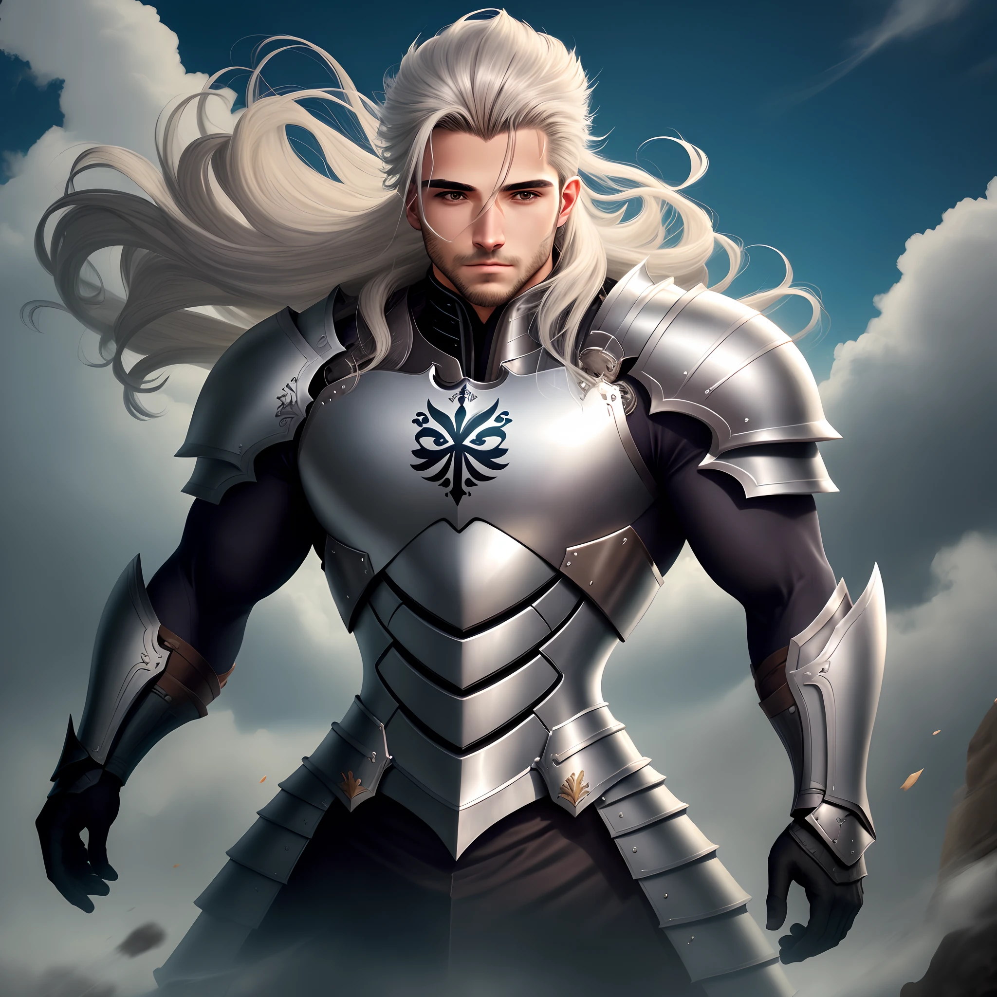 Homem, loiro, cabelos longos, bonito, forte, segurando uma espada , imagem de corpo, armadura idade media de metal, sombras billowing from the armor