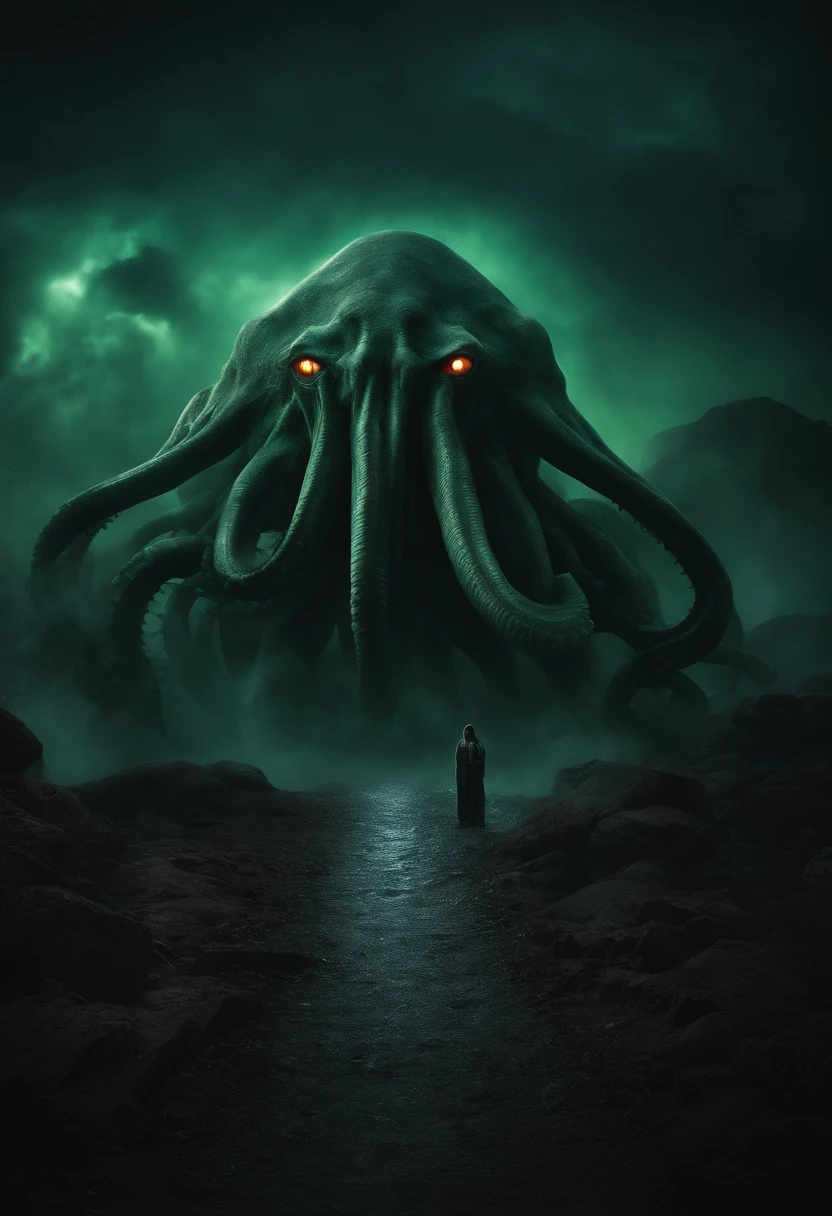cthulhu Lovecraft ,cthulhu, Lovecraft ,Work by HP Lovecraft , dark ocean, Terror, haze, haze, fear ,frightful , dramatic lighting , cinematic lighting, master part,best qualityer, hyper realist, highy detailed