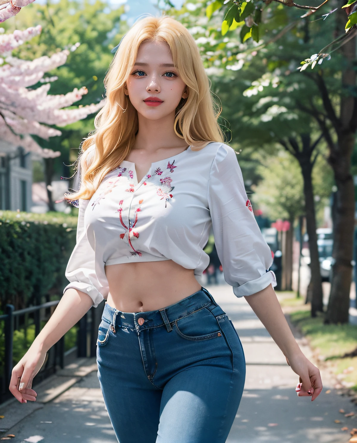 1girl, (Blue Eyes), smiling, (Sana Minatozaki), wide hips, Big Boobs, big ass, (Best Quality, 8k, Masterpiece: 1.3), perfect hands, Clear Focus: 1.2, Perfect Body Beauty: 1.4 , Slender Abs: 1.2, Highly detailed face and skin texture, detailed eyes, double eyelids, red lips, (blonde long hair), (embroidered blouse), (tight jeans), walking down a busy street with sakura trees, deep on field