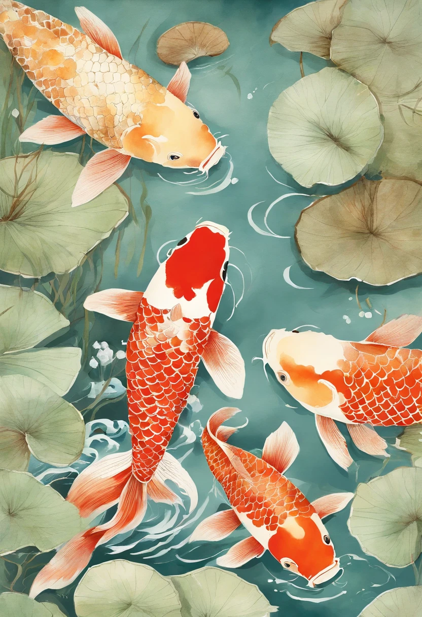 best quality, Meisterwerk, (9 Koi Fische: 1,5), Stil von Hokusai, Ukiyoe-Malerei