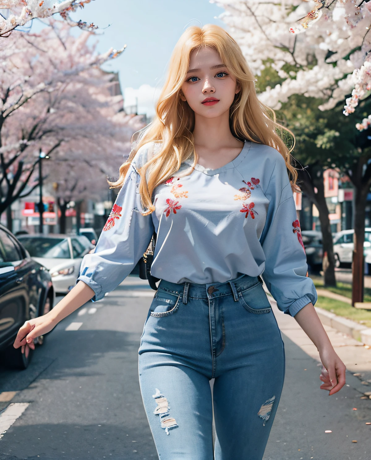 1girl, (Blue Eyes), smiling, (Sana Minatozaki), wide hips, Big Boobs, big ass, (Best Quality, 8k, Masterpiece: 1.3), perfect hands, Clear Focus: 1.2, Perfect Body Beauty: 1.4 , Slender Abs: 1.2, Highly detailed face and skin texture, detailed eyes, double eyelids, red lips, (blonde long hair), (embroidered blouse), (tight jeans), walking down a busy street with sakura trees, deep on field
