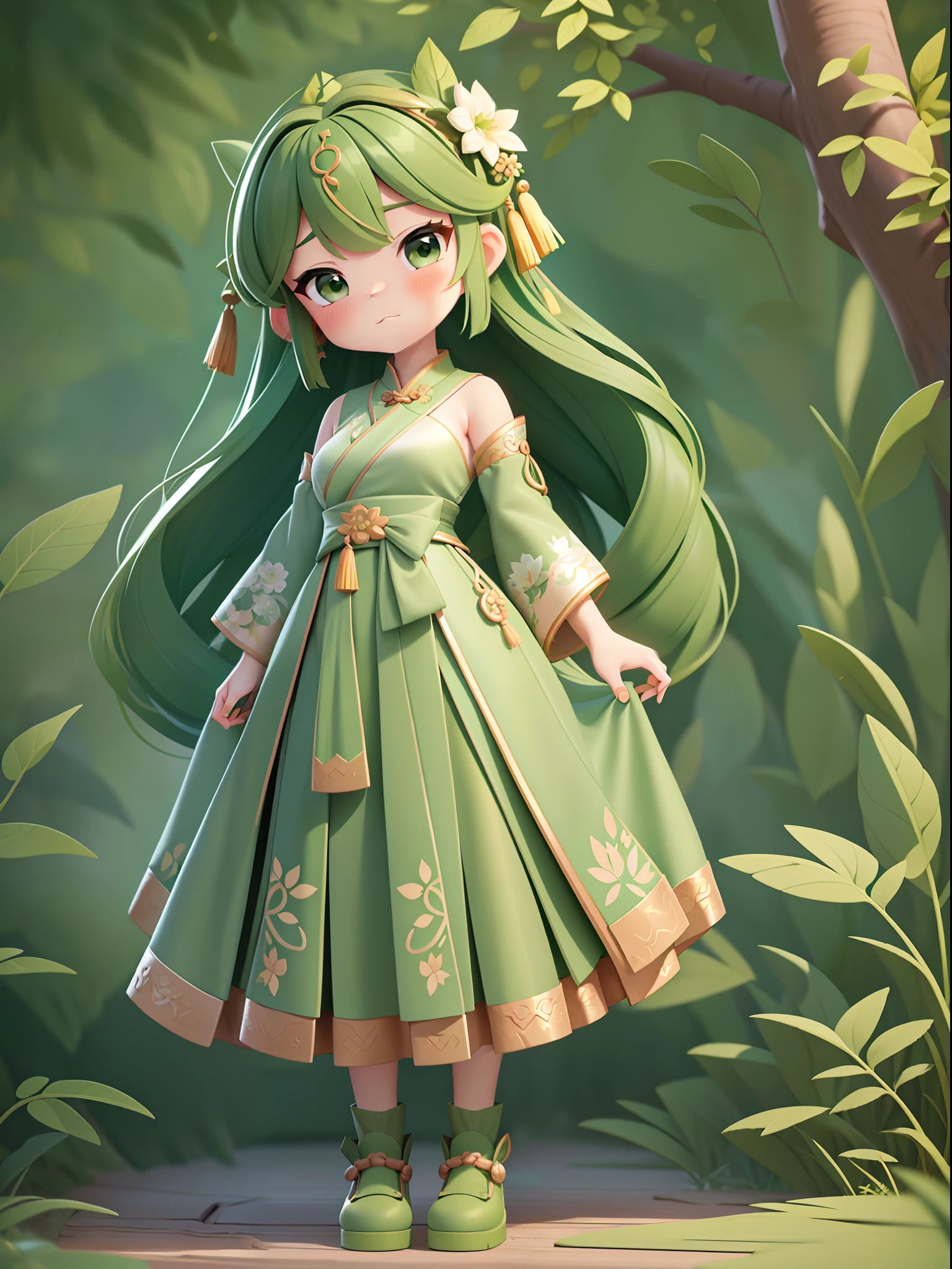 Close-up of a girl with a tree in her hair, Long forest green hair,green pupills, Chinese watercolor style,art illustration,full bodyesbian,Faraway view,Green full body Hanfu,baggy,Green princess shoes,standing on your feet,Green court hair ornaments,Green robe,Long skirt,kawaii