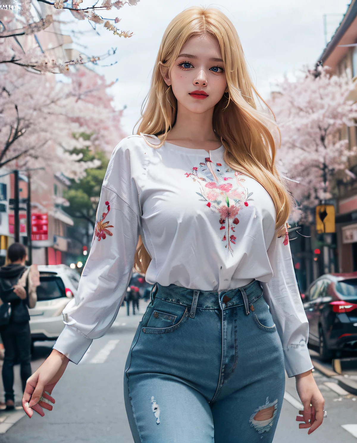 1girl, (Blue Eyes), smiling, (Sana Minatozaki), wide hips, Big Boobs, big ass, (Best Quality, 8k, Masterpiece: 1.3), perfect hands, Clear Focus: 1.2, Perfect Body Beauty: 1.4 , Slender Abs: 1.2, Highly detailed face and skin texture, detailed eyes, double eyelids, red lips, (blonde long hair), (embroidered blouse), (tight jeans), walking down a busy street with sakura trees, deep on field