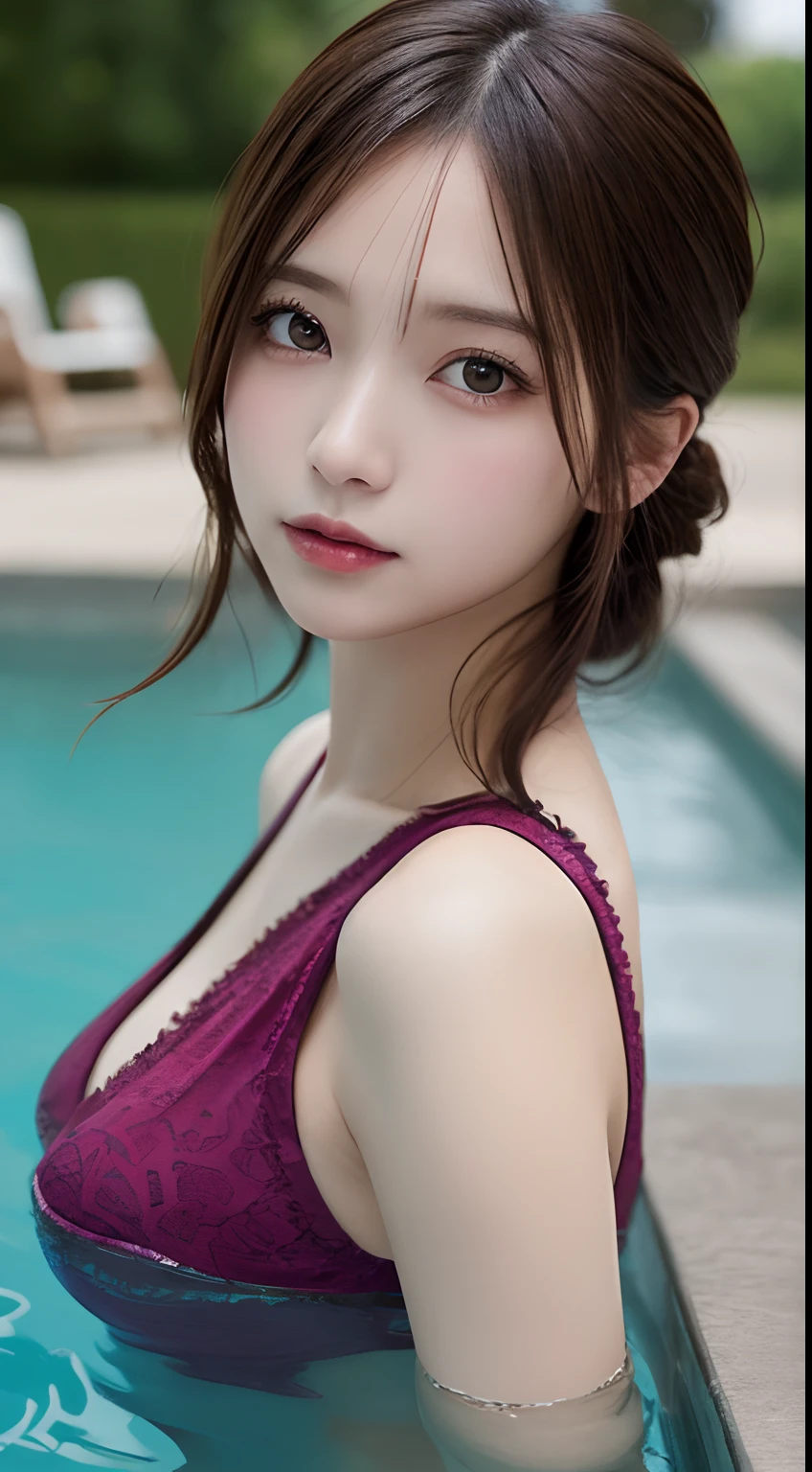 masutepiece, Best Quality, Illustration, Ultra-detailed, finely detail, hight resolution, 8K Wallpaper, Perfect dynamic composition, Beautiful detailed eyes , Pool, Sexy face