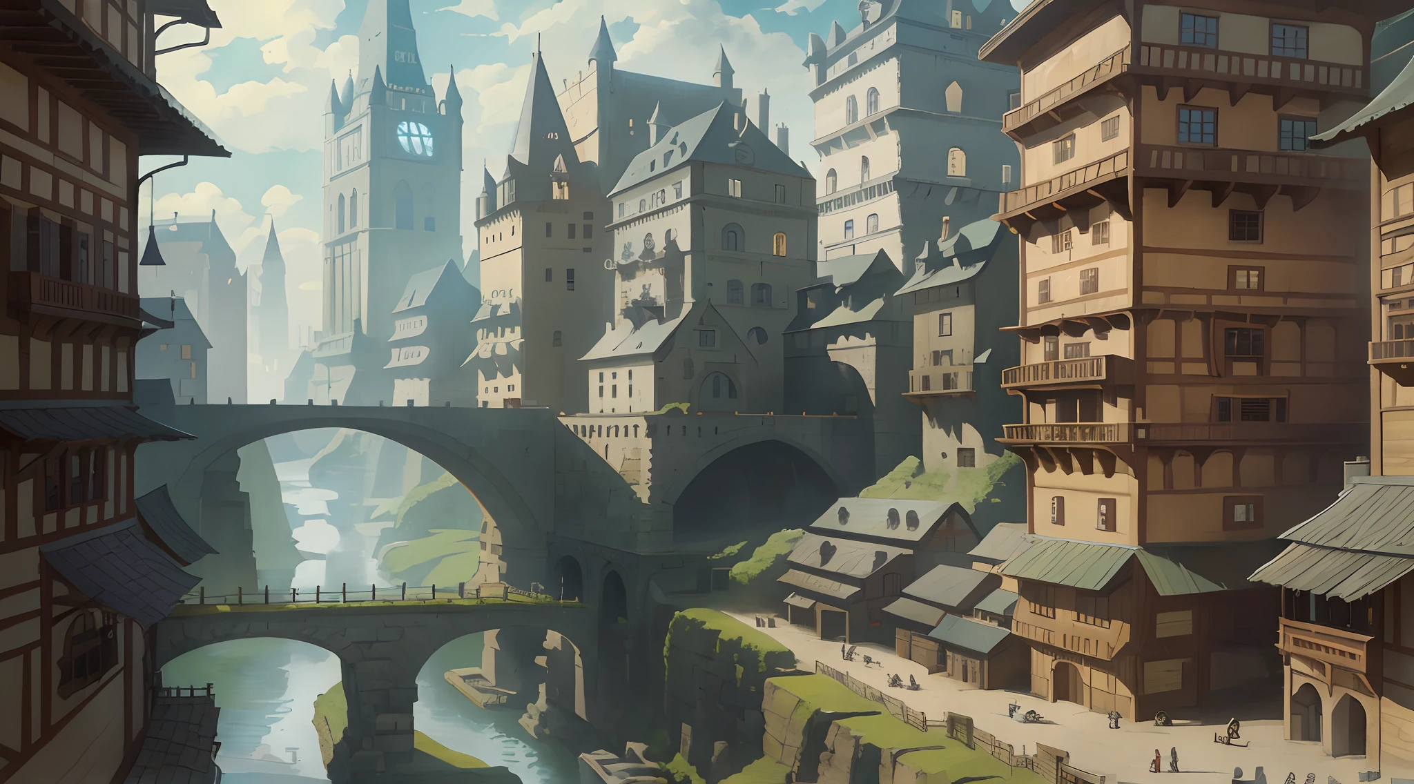 there is a painting of a city with a bridge and a river, medieval city, fantasy cityscape, flintlock fantasy capital city, medeival fantasy town, fantasy capital city,, medieval city background, medieval town landscape, stylized urban fantasy artwork, a medieval city, medieval fantasy game art, the buildings are built with slab stone, rocks, anime illustration, anime style