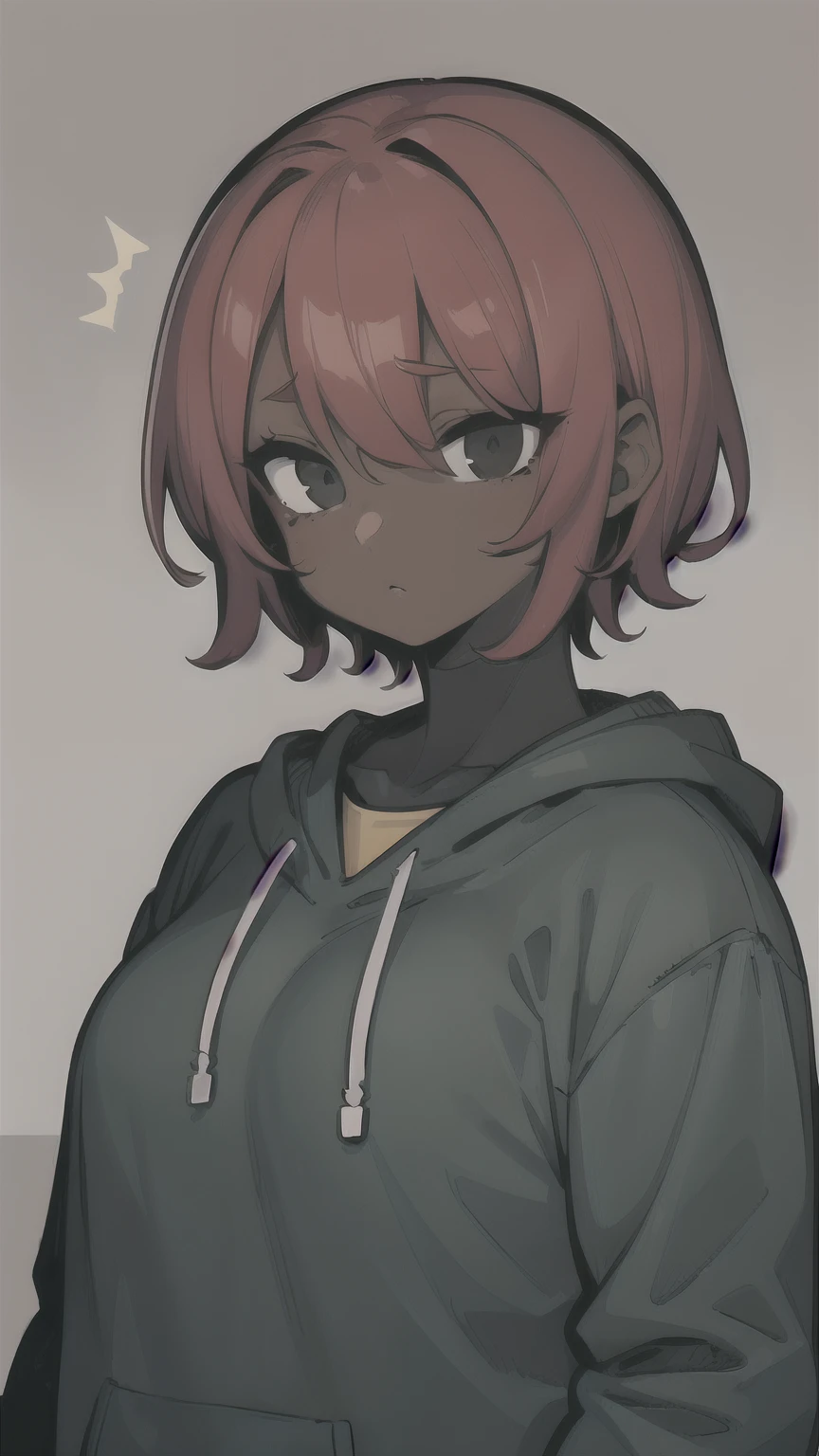 1 girl, (dark brown skin tone:1.1), very short hair, black eyes colour, mole down the right eye, Red hair, (chubby body:1.2), Cold expression, blank eyes, mature, dominant aura, 8k, vivid colors