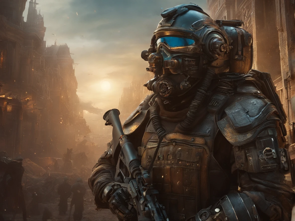 25 mm spring, cinematic film, injection, Front upper body view, Centered, award-winning CGI, perfect angle, {(Cyberpunk Advance Soldier:1.4), (Detailed advanced weaponry), fused grid + bras, (action pose), Detailed advanced helmet}, (Detailed dystopian gothic background Destroyed city:0.7), Dominating, confident, (detailed, Ultra Detailed:0. 7, Finer detail, intricate), vivid colors, photorealistic, Epic movie poster, (epic proportion, epic composition, epic sci-fi, epic fantasy), 3 d renders, RTX, octan render, photorealistic, hyper realistic, Volumetric lighting, neon reflection, reflection, ray tracing, global illumination, depth of field, soft shadow, neon glow, trending on ArtStation, Hard disk, Hard disk, 64 mil, 128 mil, professional work, master part, Greg Rutowski,