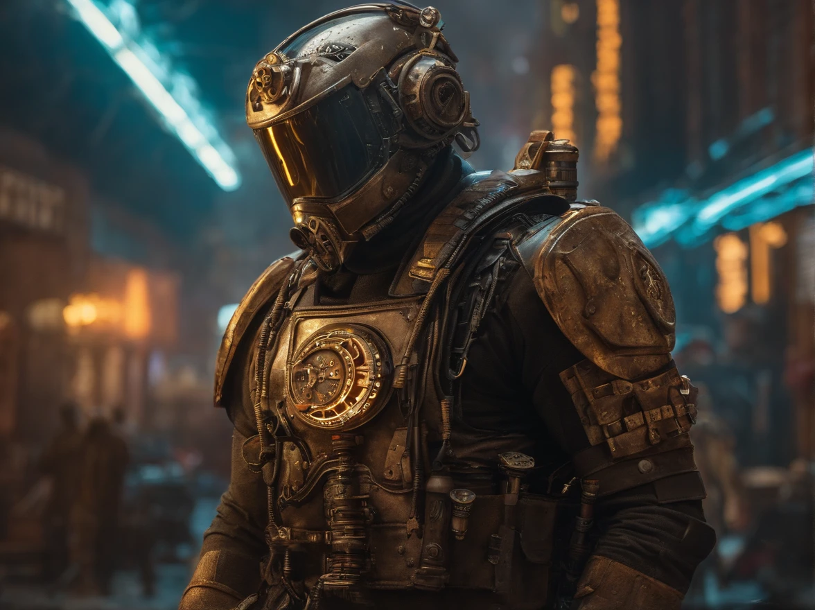 25 mm spring, cinematic film, injection, Front upper body view, Centered, award-winning CGI, perfect angle, {(Cyberpunk Advance Soldier:1.4), (Detailed advanced weaponry), fused grid + bras, (action pose), Detailed advanced helmet}, (Detailed dystopian gothic background Destroyed city:0.7), Dominating, confident, (detailed, Ultra Detailed:0. 7, Finer detail, intricate), vivid colors, photorealistic, Epic movie poster, (epic proportion, epic composition, epic sci-fi, epic fantasy), 3 d renders, RTX, octan render, photorealistic, hyper realistic, Volumetric lighting, neon reflection, reflection, ray tracing, global illumination, depth of field, soft shadow, neon glow, trending on ArtStation, Hard disk, Hard disk, 64 mil, 128 mil, professional work, master part, Greg Rutowski,