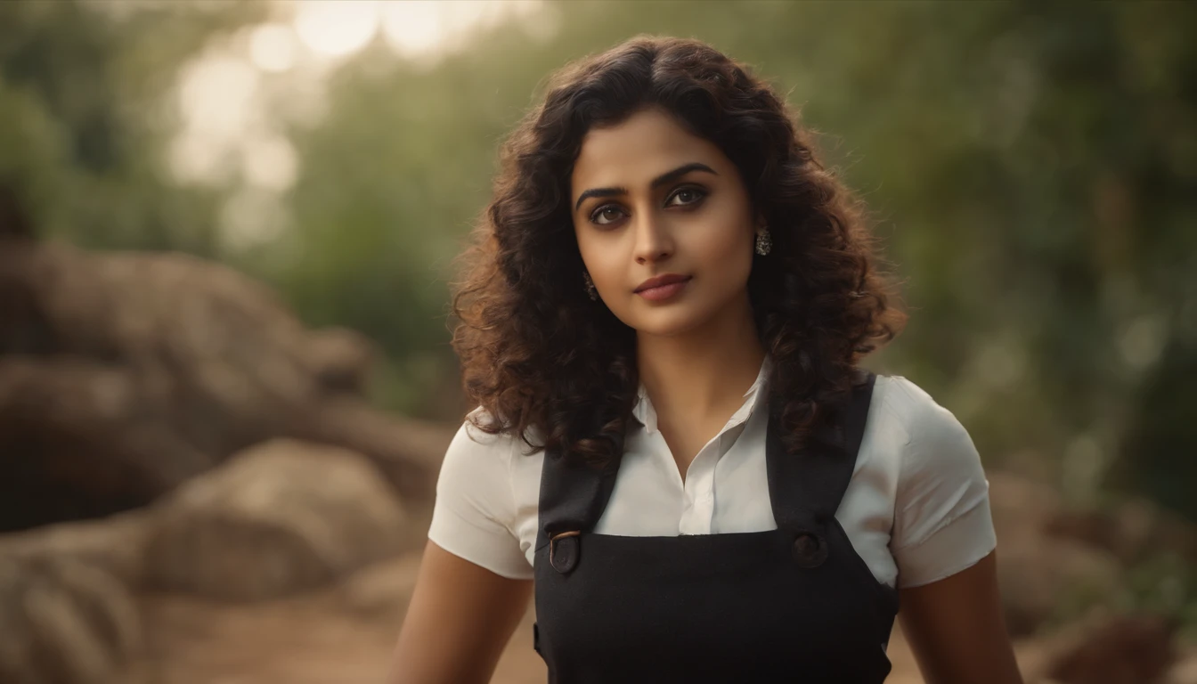 Aditi has a no-fuss, practical demeanor, cute,short curly hair upto neck,often seen in comfortable attire suitable for active problem-solving. Her dark, expressive eyes reveal her focus and determination. She exudes an air of confidence in her abilities, confident eyes, realistic,8k,hyper realistic