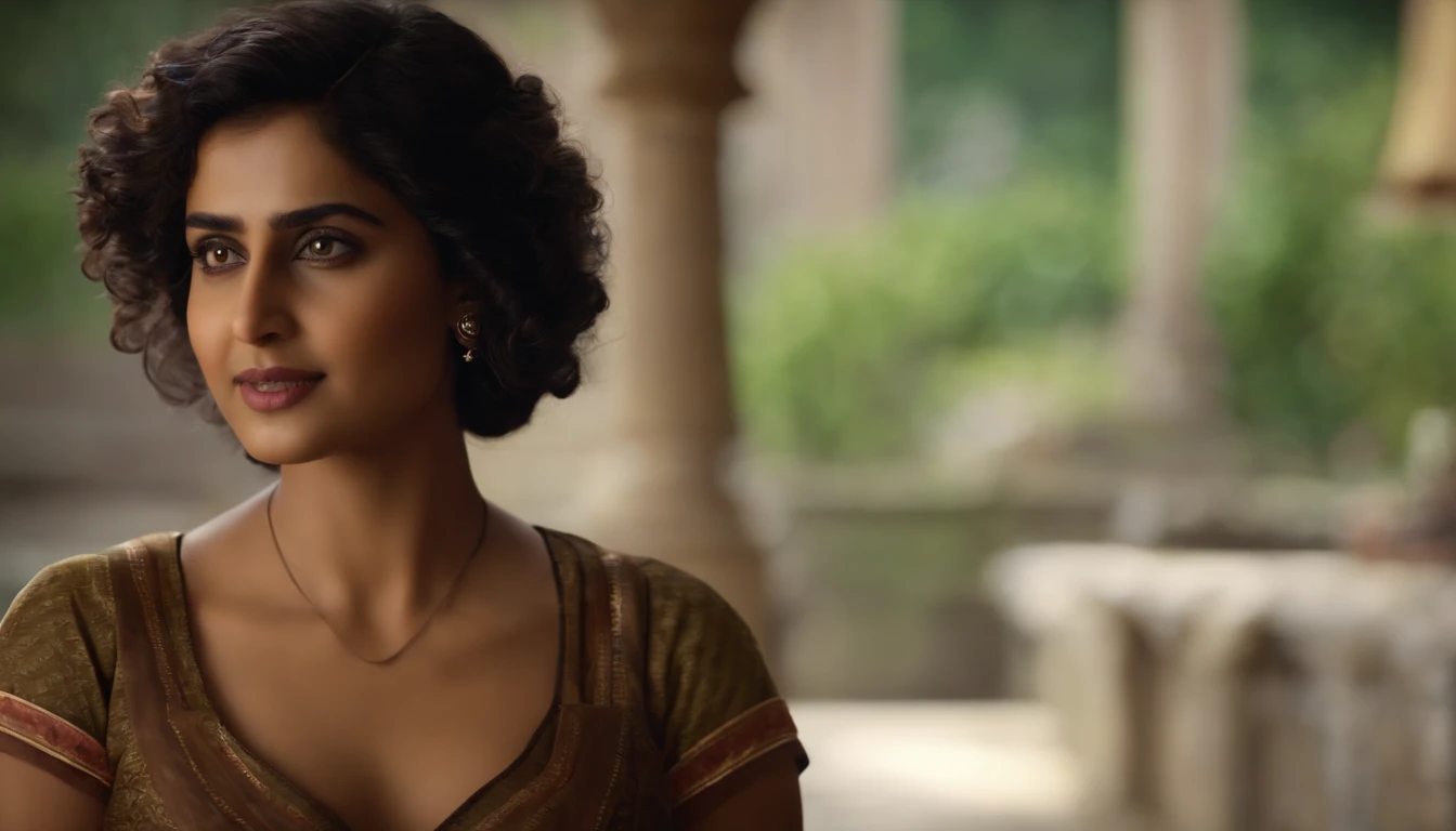 Aditi has a no-fuss, practical demeanor, cute,short curly hair upto neck,often seen in comfortable attire suitable for active problem-solving. Her dark, expressive eyes reveal her focus and determination. She exudes an air of confidence in her abilities, confident eyes, realistic,8k,hyper realistic