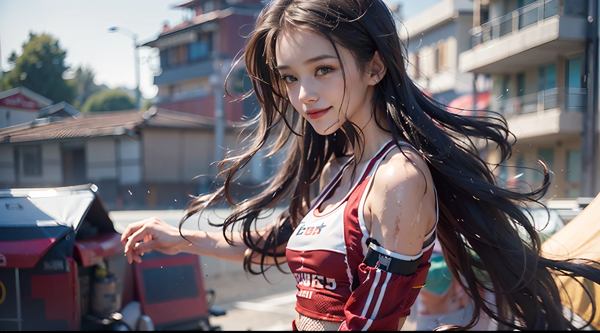 NSFW, 1girl in, (Well-formed face), (Ideal body proportions), Modern old town view, Sunnyday, ((Open leg jump)), (((track suit))), ((Upper jersey)), (((Sports bra)), Wet, Torn clothing, Smiling smile, white skinned, slenderness, Dark hair, short-hair, beautifullegs, Small buttocks, surrealism, Cinematic lighting, depth of fields, One-person viewpoint, f/1.8, 135 mm, kanon, NFFSW, masutepiece, ccurate, Anatomically correct, Textured skin, Super detail, High details, High quality, awardwinning, Best quality, A high resolution, 1080p, 4K, 8K