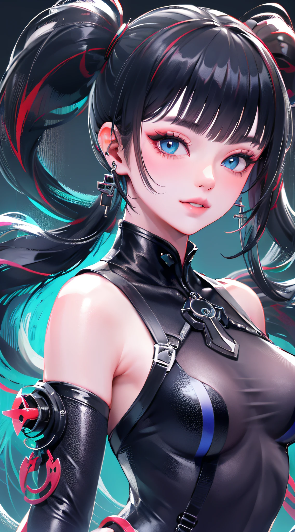 Adult woman, Long black hair, high ponytail, bunny ears, turquoise eyes, Black tight top, ssmile, Masterpiece, hiquality