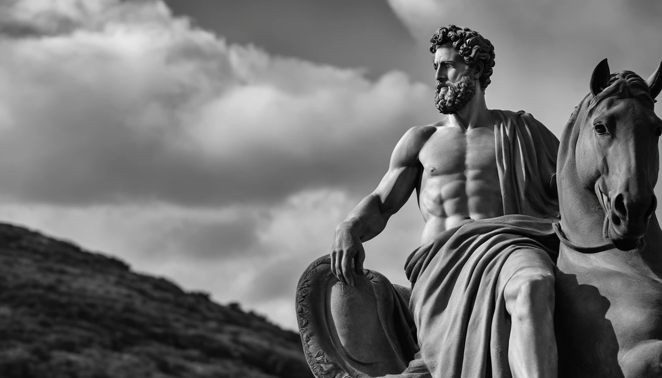 a portrait statue of the stoic Marcus Aurelius in black and white 4K, papel de parede super realista, corpo inteiro, corpo forte, musculoso, forte, sem camisa, tronco forte, forte, sem camisa, strong upper arms