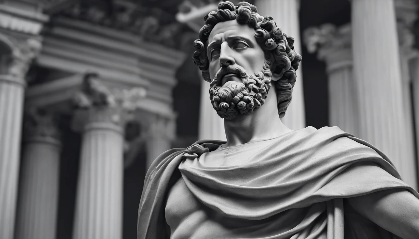 a portrait statue of the stoic Marcus Aurelius in black and white 4K, papel de parede super realista, corpo inteiro, corpo forte, musculoso, forte, sem camisa, tronco forte, forte, sem camisa, strong upper arms