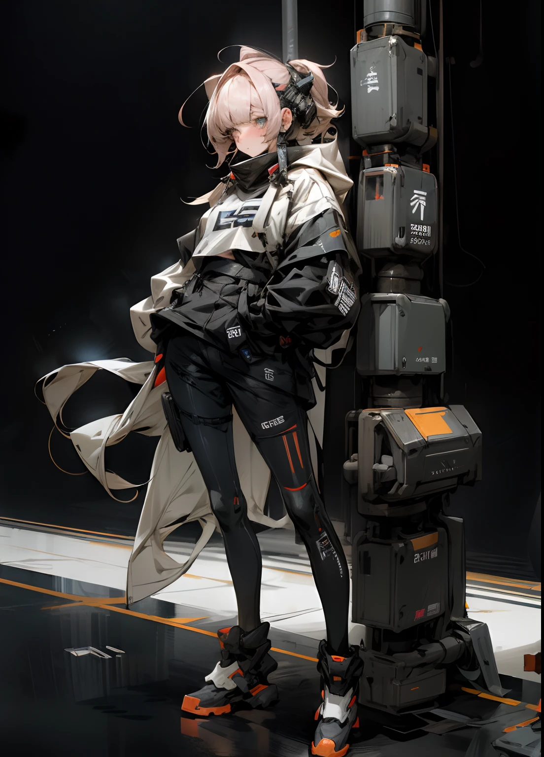 Mecha heavy Cute girl wear Techwear streetwear fashion style, standing swag pose, full body, black background