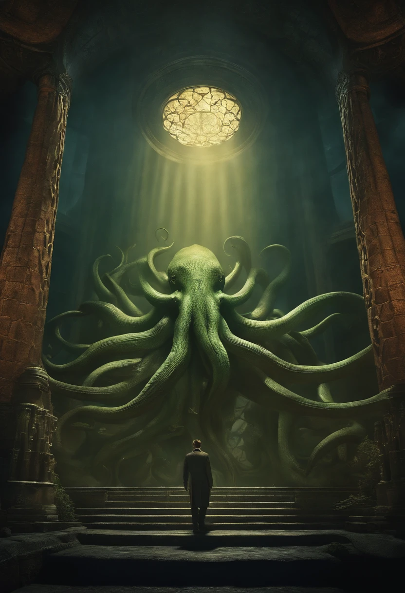 Cthulhu Lovecraft ,Cthulhu, Lovecraft ,Obra de HP Lovecraft ,criatura, oceano escuro, terror, nevoeiro, nevoeiro, medo ,assustador , dramatic lighting , cinematic lighthing, master part,melhor qualidade, Hiper realista, altamente detalhado