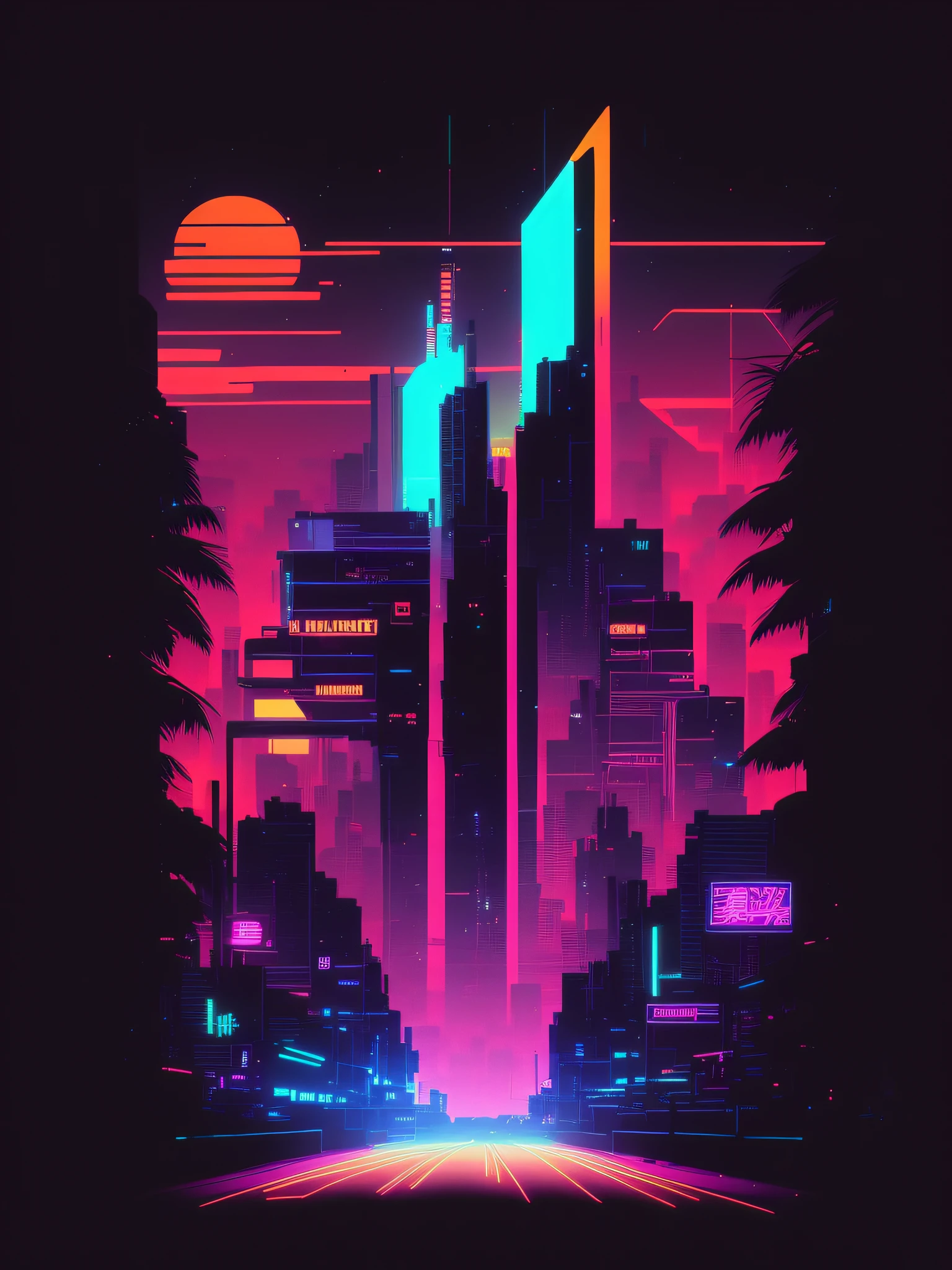 an image of a city with a neon skyline and a bright moon, estilo de arte cyberpunk, cyberpunk cores vibrantes, papel de parede da paisagem cyberpunk, cyberpunk themed art, neon city, cyberpunk dreamscape, em estilo de bipe, em CIDADE CYBERPUNK, Cyberpunk Pixel Art, Neon Cyberpunk City detalhado, Paisagem urbana cyberpunk, CIDADE CYBERPUNK, Cidade Synthwave, estilo de arte futurista