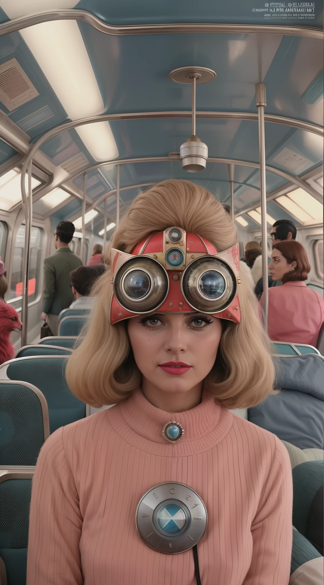 8k portrait of a 1960s science fiction film by Wes Anderson, Vogue anos 1960, pastels colors, There are people wearing futuristic animal masks and wearing extravagant retro fashion outfits and men and women wearing alien makeup and antique ornaments with mechanical pets in a park, Luz Natural, Psicodelia, futurista estranho, fotorrealista, hiper detalhado, foco nítido, Intrinsic, Fuji filmes 55mm,