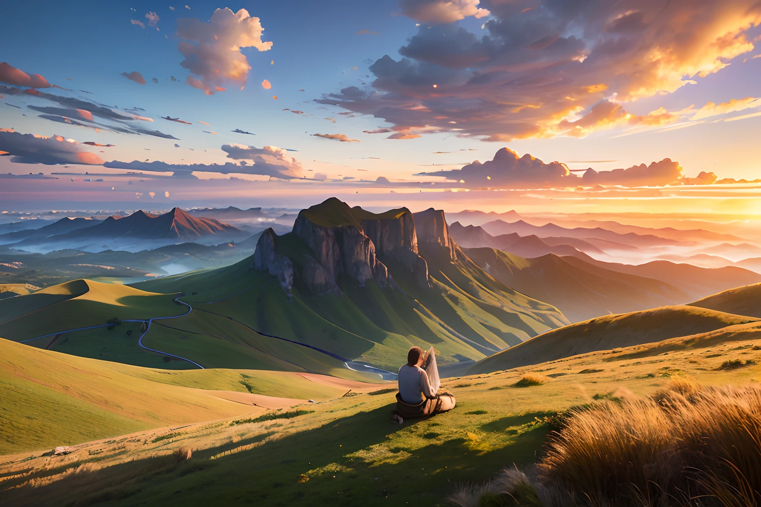 (masterpiece), (high detail), (highest resolution), {scenery}, cinematic lighting, realistic, CG 4K wallpaper, Far sight, far view, horizon, wide sky, faraway little mountain, grass plain landscape, clouds, layers of clouds, waves of cluds, detailed clouds, calming atmosphere, depth of field, volumetric color,guy,glasses.reading book, car