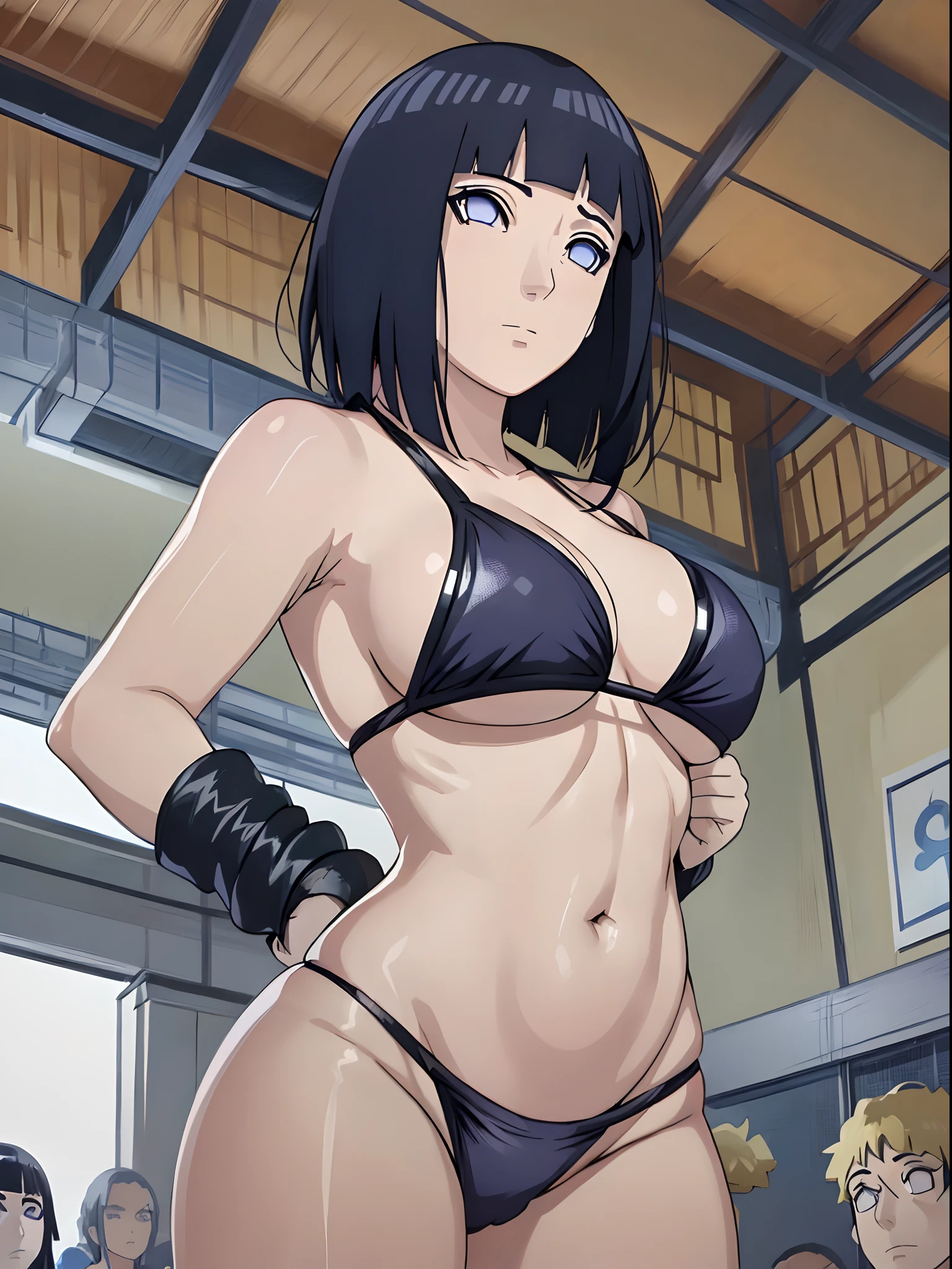 (ultra detailed body, ultra detailed face), ((solo)), anime style, hires, ((pro wrestling arena, pro wrestling match, crowd watching)), (hinata\(boruto\), (female wrestler), (slender body, broad shouders), mature woman, milf, (black bikini, ultra detailed pro wrestling gear), victorious, gorgeous, winner, confident face, closed mouth, (pale skin, shiny skin, lighting and shadow), (dark blue hair color:1.1), wavy hair, ((short hair, hime cut, floating hair), big breasts, ((unconscious, out cold)), (long belly), (closed fists), seductive, (perfect eyes, white sciera, bright eyes, white eyes, anime eyes, looking at the viewer)