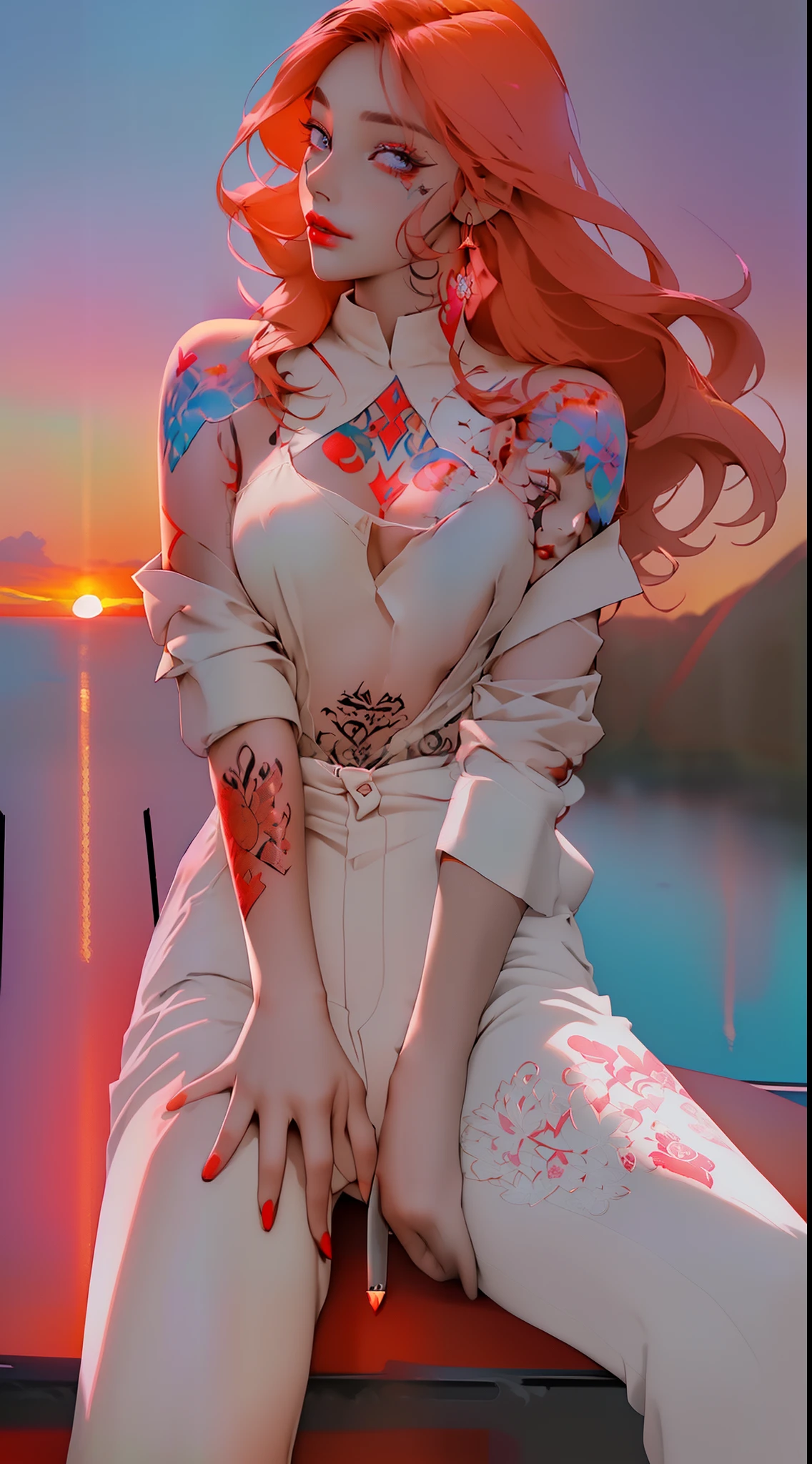 (woman masterpiece, highest quality, best quality, official art , body beautiful ,delicate and beautiful face, dreamy cold eyes, (((Colorful tattoo))),((Sunset)) ,((Weapon Pictures)), [red lip], (long wrinkled white shirt), (((very delicate and beautiful))) (sitting), expressionless, {( colored_hair_White:0.9_and_orange:0.8)},Warm colours