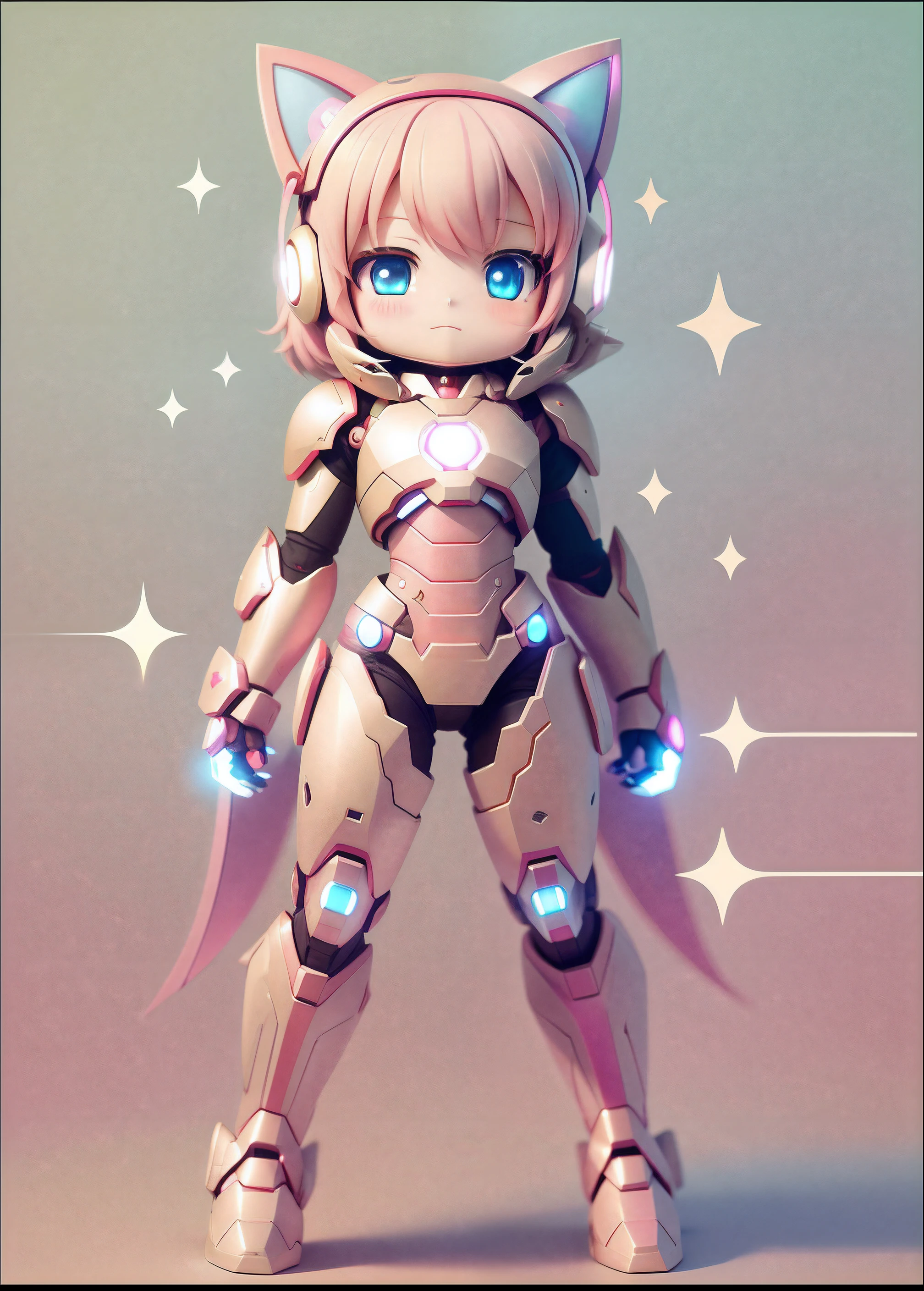 Anime characters with cat ears and glowing eyes standing in front of the stars, Cute cyborg girl, girl in mecha cyber armor, Anime manga robot!! Anime girl, Armor Girl, anime robotic mixed with organic, anime girl of the future, advanced digital chibi art， dressed in light armor, Anime Stylization, anime robots，Pink armor