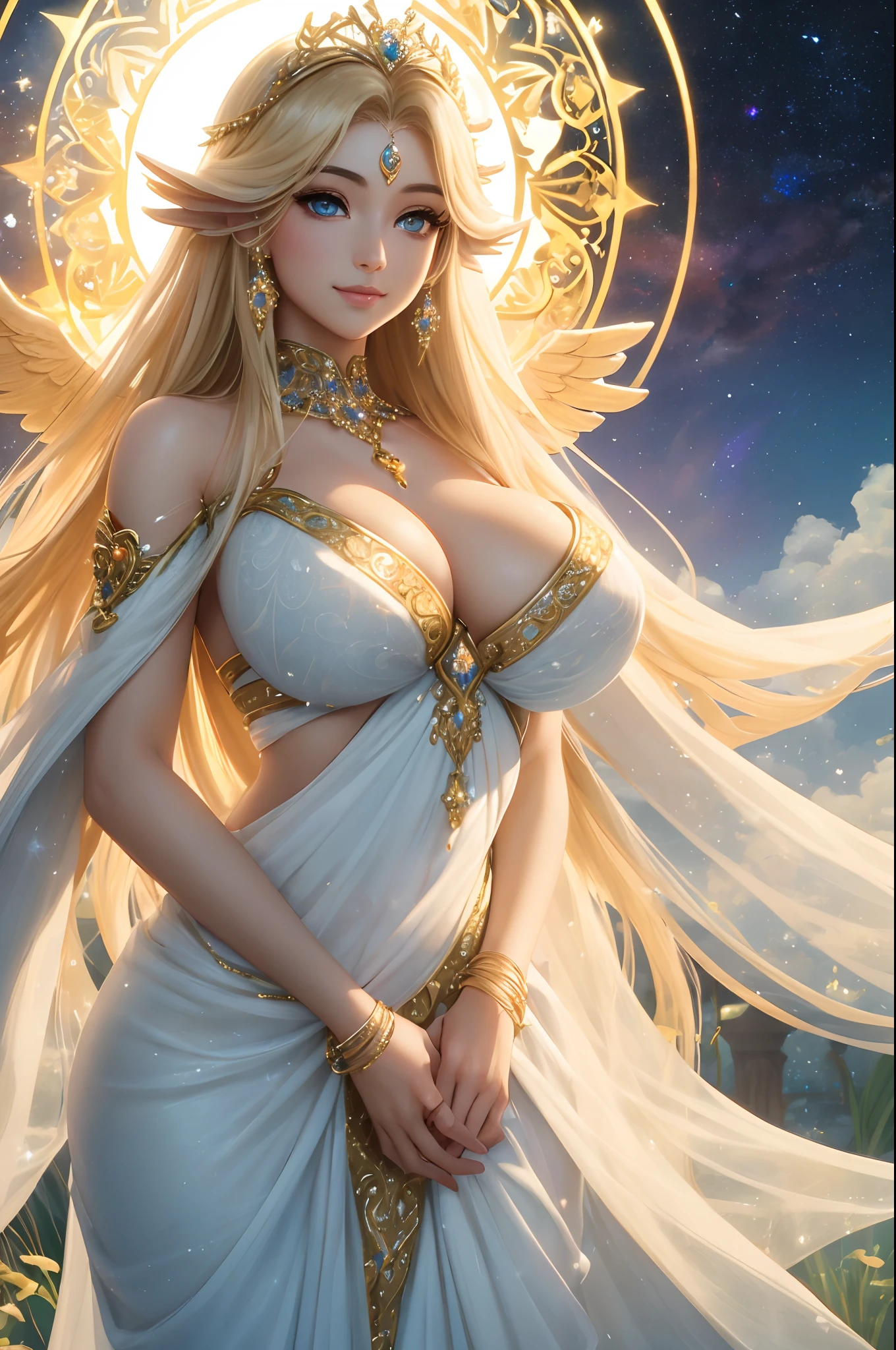 (Best quality, 4k, 8k, highres, masterpiece:1.2), ultra-detailed, realistic, (photorealistic:1.3), palutena, angel gaze, beautiful detailed eyes, beautiful detailed lips, extremely detailed eyes and face, longeyelashes, angel wings, angelic, hearts, love, grasping her breasts, vivid colors, portraits, soft lighting, romantic, colorful palette, ethereal, heavenly, serene, halo, celestial environment, sparkling stars and galaxies, cascading golden light, rays of divine energy, luminous and radiant, flawless complexion, royal blue gown, tranquility, harmony, divine beauty, joyful expression, boundless love and affection, enchanting presence, sunshine filtering through the clouds, floating in the air, gentle breeze, peaceful garden, serenity and bliss, heavenly light shining upon her, glowing aura, inner peace and happiness, blissful smile on her face, love in her eyes, celestial realms, angelic presence, sacred and pure, loving and compassionate gaze.