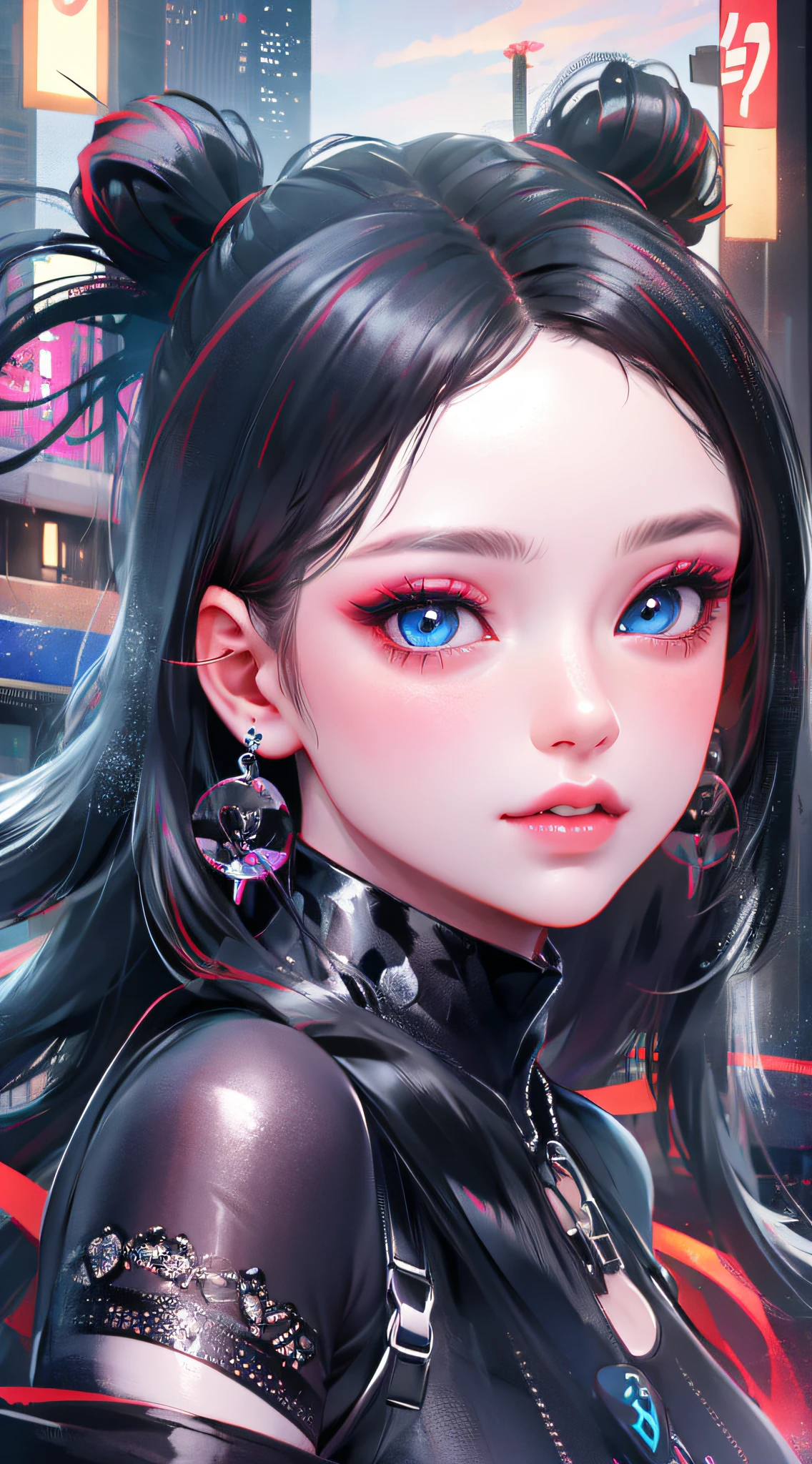 A girl, long hair, half picture, city, future, science fiction, black silk, shorts, night scene, midnight, blue light, neon, night, face close-up, delicate features, beautiful girl, beauty, charming,fashi-girl,red lips,realistic,makeup,