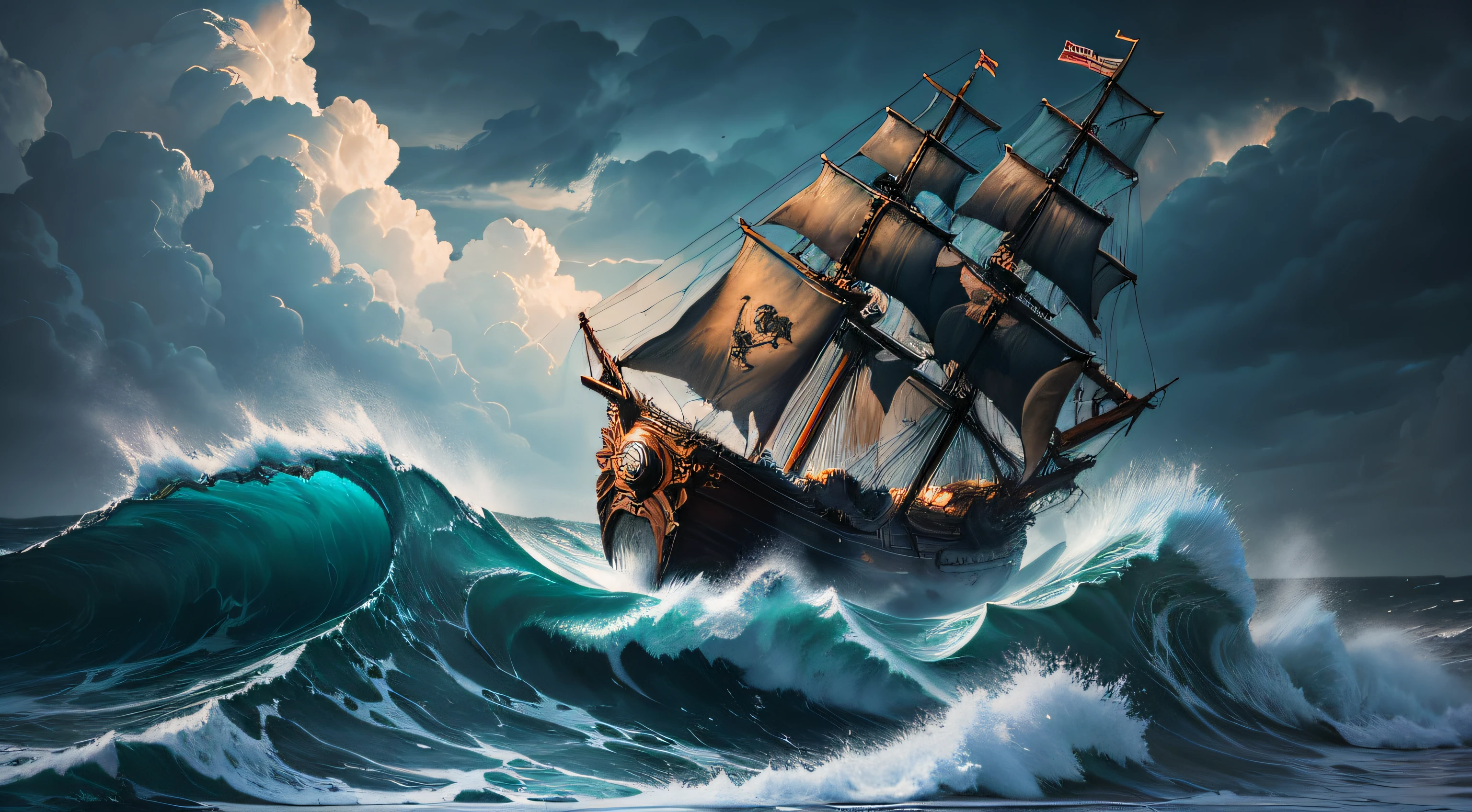 A pirate ship sailing through treacherous waves, oil painting, detailed ship, raging storm, dramatic clouds, splashes of water, best quality, high-res, ultra-detailed, realistic, dark tones, dramatic lighting, vivid colors, dynamic composition, roaring waves