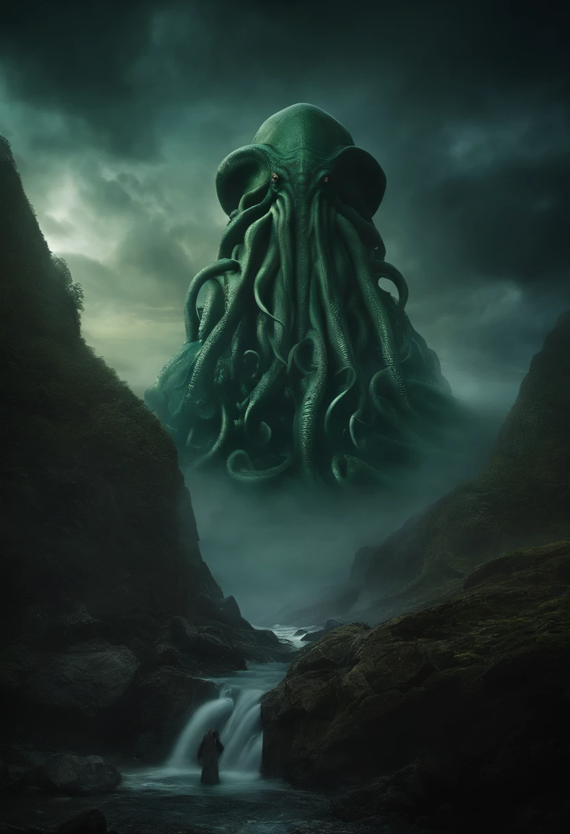 Cthulhu Lovecraft ,Cthulhu, Lovecraft ,Obra de HP Lovecraft ,criatura, oceano escuro, terror, nevoeiro, nevoeiro, medo ,assustador,sinistro ,dramatic, dramatic lighting , cinematic lighthing, master part,melhor qualidade, Hiper realista, altamente detalhado