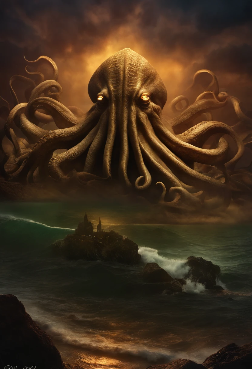 Cthulhu Lovecraft ,Cthulhu, Lovecraft ,Obra de HP Lovecraft ,criatura, oceano escuro, terror, nevoeiro, nevoeiro, medo ,assustador,sinistro ,dramatic, dramatic lighting , cinematic lighthing, master part,melhor qualidade, Hiper realista, altamente detalhado