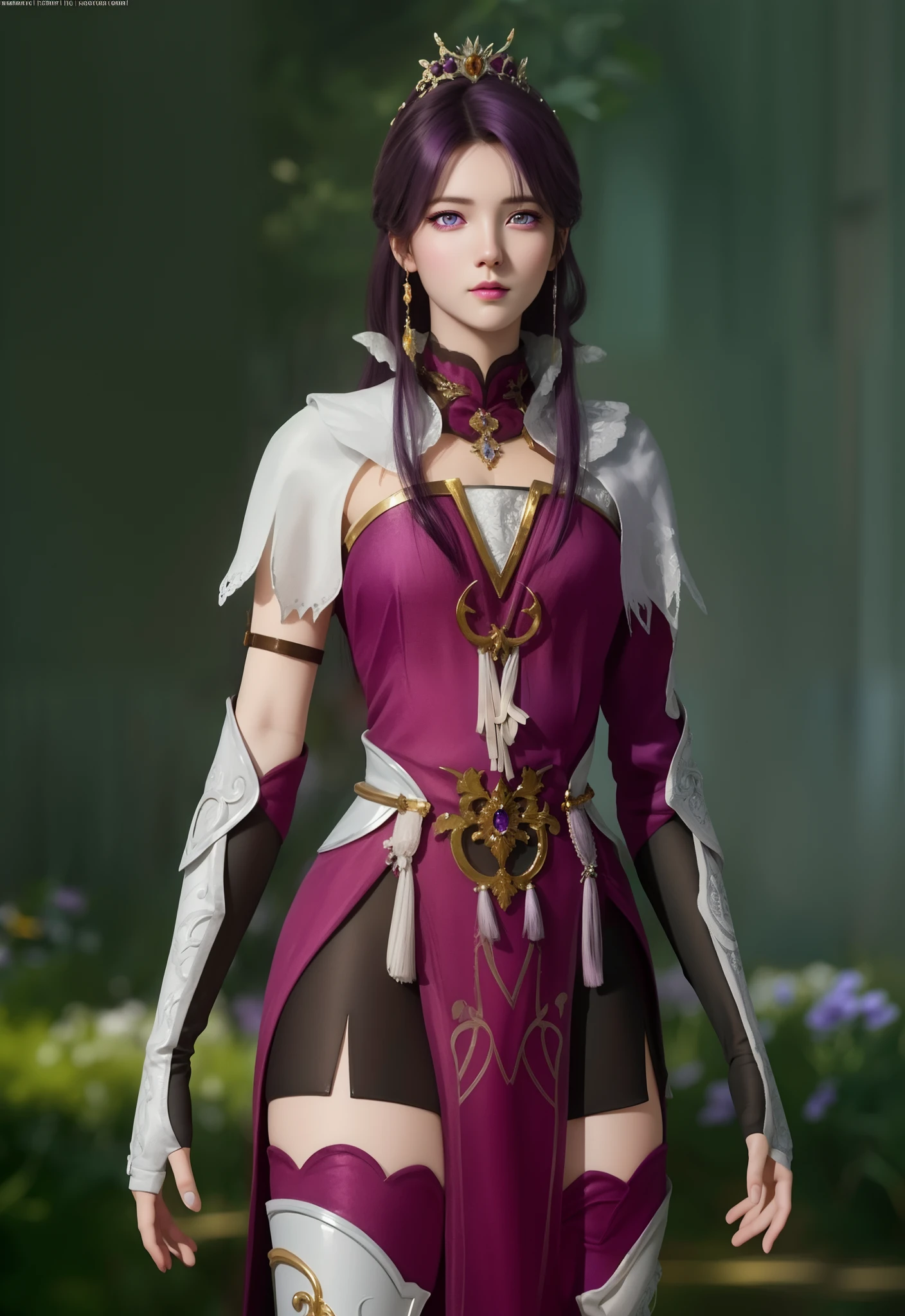 (hyperrealistic), (illustration), (high resolution), (8K), (extremely detailed), (best illustration), (beautiful detailed eyes), (best quality), (ultra-detailed), (masterpiece), (wallpaper), (photorealistic), (natural light), (rim lighting), (detailed face), (high detailed realistic skin texture), (anatomically correct), (solo), (1 girl), (high detailed realistic hair), (dark purple hair:1.35), (heterochromic eyes), (detailed eyes), (bright purple eyes:1.37), (sparkling eyes), (realistic big breasts:1.5), (exposed breasts:1.35), (long legs), (slender abs), (dynamic pose), (closed tiny mouth:1.3), nsfw, concentrated expression.