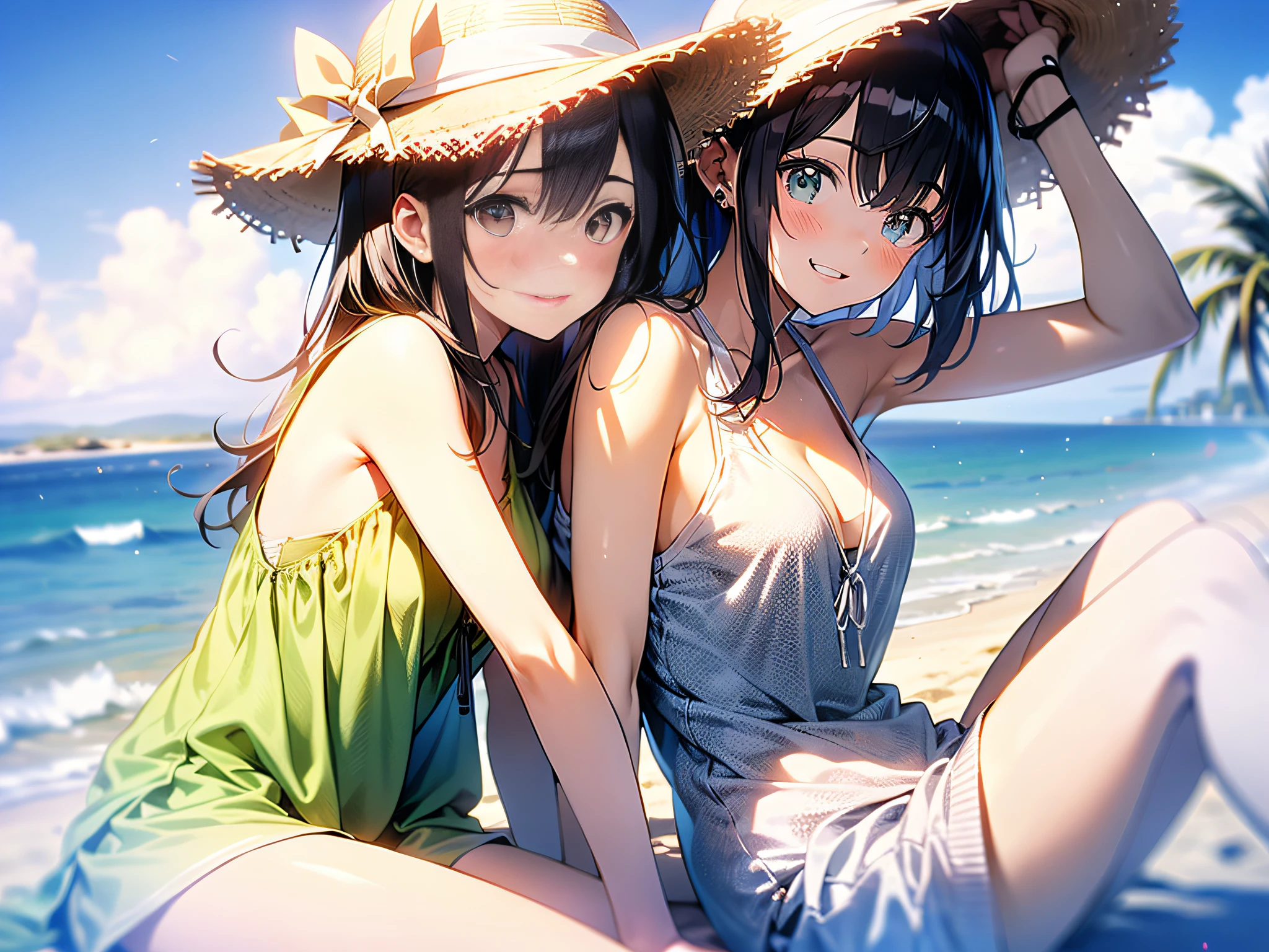in 8K、top-quality、​masterpiece、ultra-detailliert、Ultra-high resolution、Anime style、1人の女性、Mid summer、White sandy beach、the beach、white tank tops、a straw fedora hat