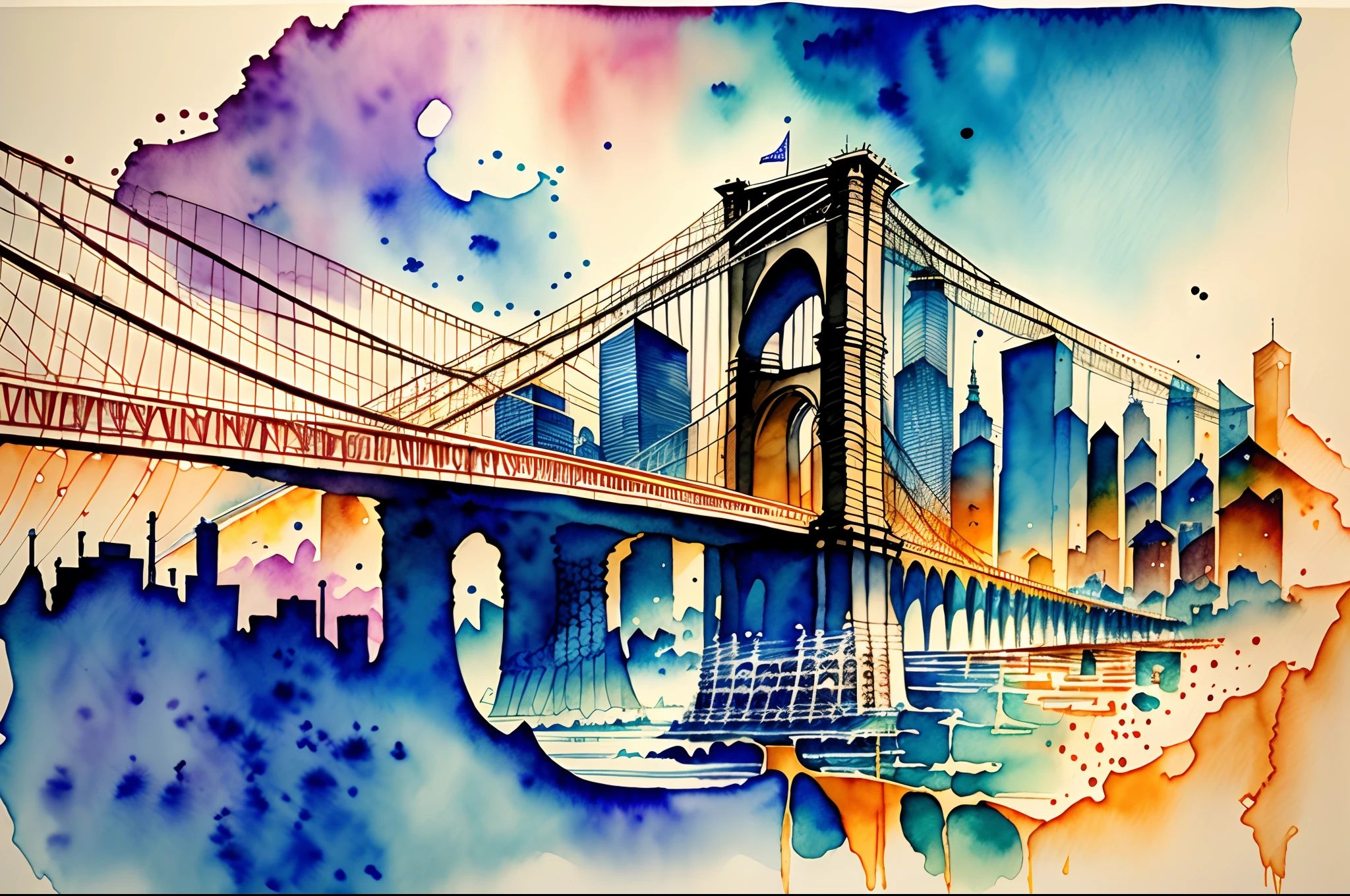 abstract watercolor painting of Brooklyn Bridge NY East River inspiration, intricate pen drawings, andrzej sykut, colorful scenes, blue and amber, ink painting --auto --s2