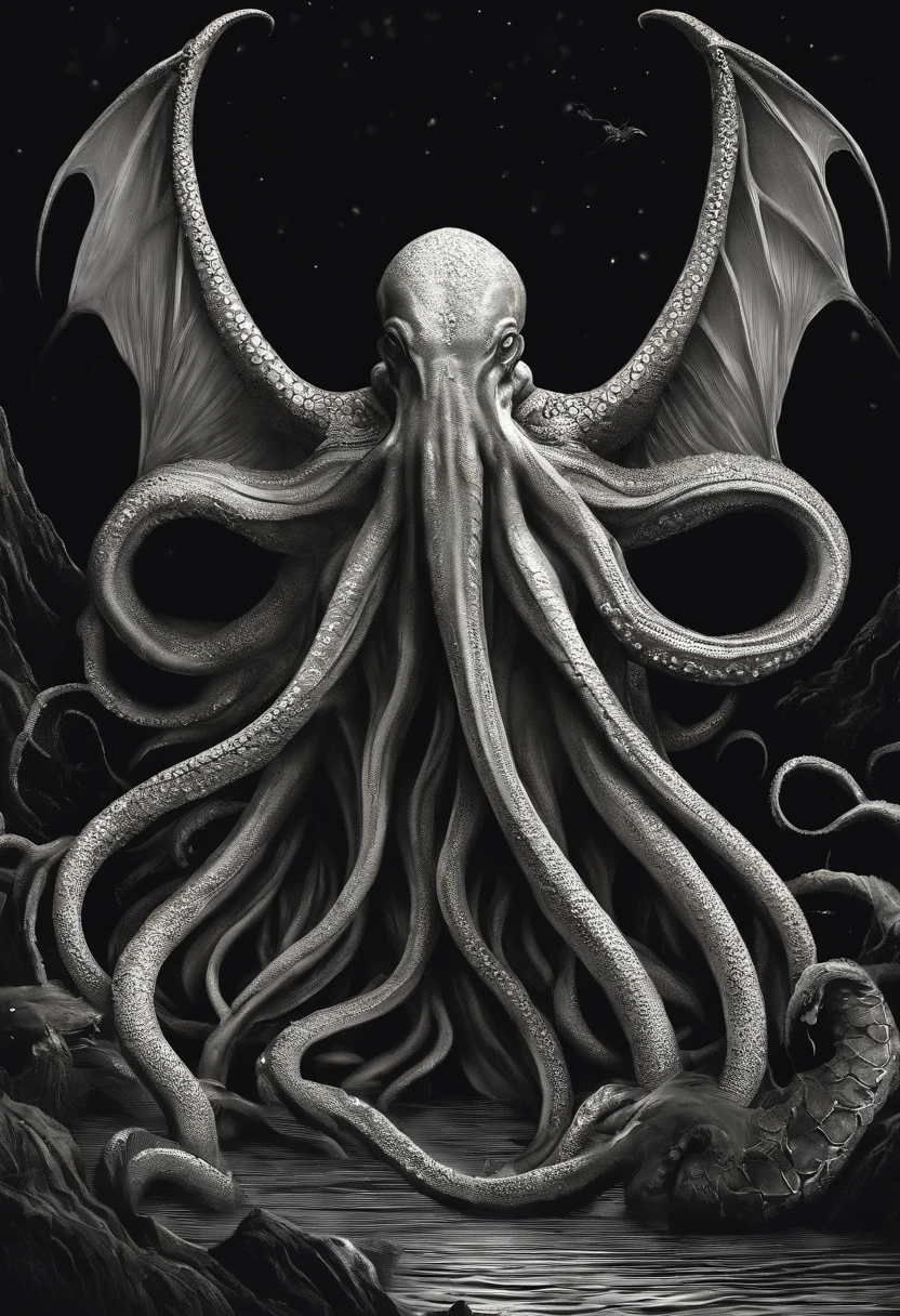 Cthulhu Lovecraft ,Cthulhu, Lovecraft ,Obra de HP Lovecraft ,criatura, oceano escuro, terror, nevoeiro, nevoeiro, medo ,assustador , dramatic lighting , cinematic lighthing, master part,melhor qualidade, Hiper realista, altamente detalhado