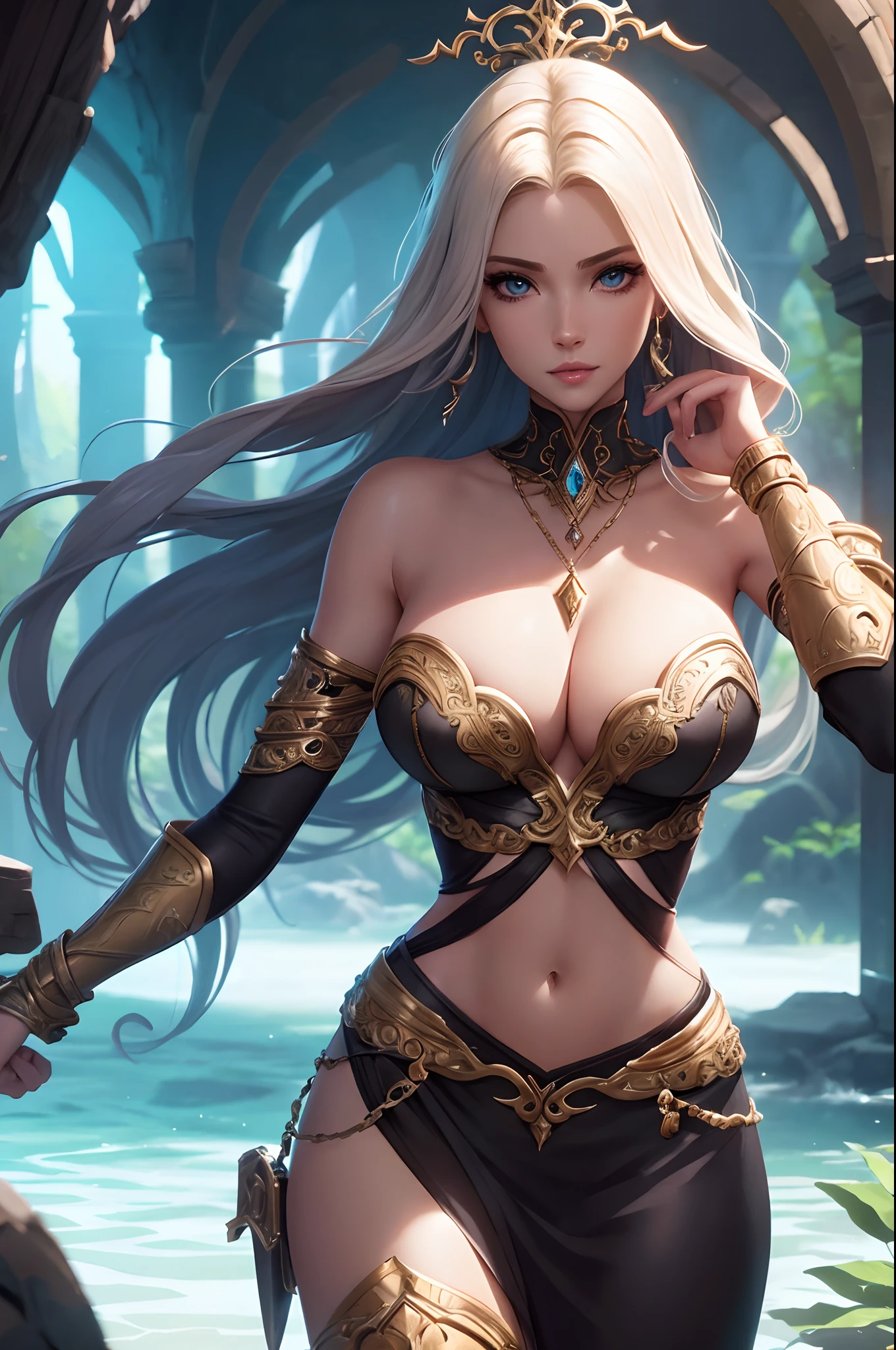In a fantasy MMO game, a player character enters the game world as a sexy, slim woman character with a captivating body. She has beautifully crafted detailed eyes, lips, and a face that enhances her overall appealing appearance. The character is designed with an extremely detailed figure and wears an outfit that enhances her seductive charm. The character menu allows players to customize her appearance and change her clothes, adding versatility to her style. As she navigates through the virtual world, a huge sword rests gracefully on her back, adding an air of power and strength to her character. Surrounding her, a magical aura emanates from her, creating an aura of mystery and enchantment. The game environment is rich in details, featuring stunning landscapes, vibrant colors, and intricate designs. The game itself boasts the highest quality graphics, with a resolution of 4k or 8k, ensuring every detail is displayed with utmost clarity. The visuals are incredibly realistic, thanks to professional-grade rendering techniques and physically-based rendering. The lighting effects create an immersive atmosphere, with dynamic shadows and studio-quality lighting that highlights the character's beauty. With this prompt, Stable Diffusion will generate a visually stunning image of a fantasy MMO game, showcasing a seductive woman character with a slim body, alluring features, and a powerful presence. The combination of detailed visuals, realistic rendering, and vibrant colors will bring this game world to life, capturing the imagination of viewers.