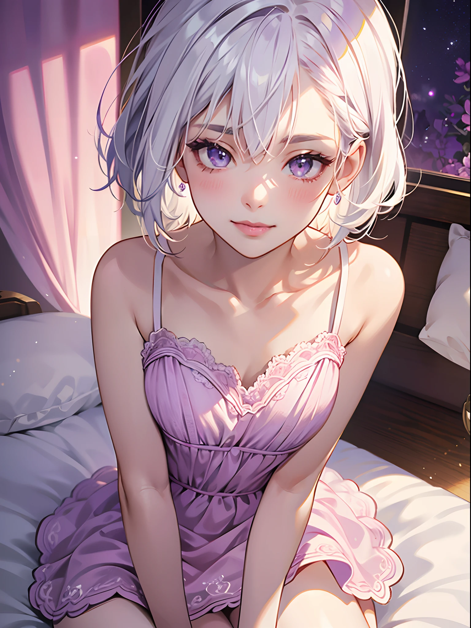 ((((masterpiece, best quality, high resolution)))), (1girl:1.5), ((white hair, purple eyes)), short wavy hair, bob cut, (average breasts :1.2), blush, smile, glow, thighs, bare shoulders, collarbone, narrow waist, cleavage, (beautiful detailed face, beautiful detailed eyes), ((satin nightgown, thin material)),(seductive pose, sultry look), urachan1629