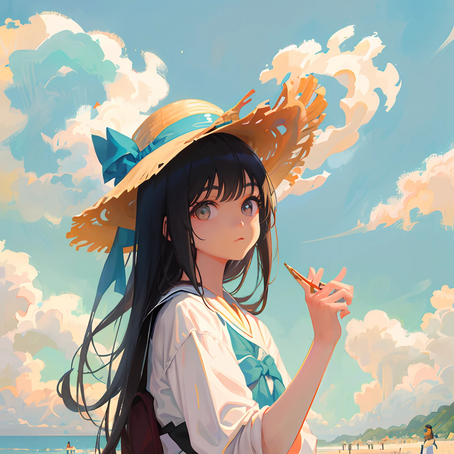 (Realistic painting style:1.0), Masterpiece, Best quality, absurderes, comic strip, illustration,
1girll, Long hair, Cute girl, young and cute girl, Korean girl,
On the beach, Beautiful young Korean woman, Gorgeous young Korean woman, wearing wide sunhat,