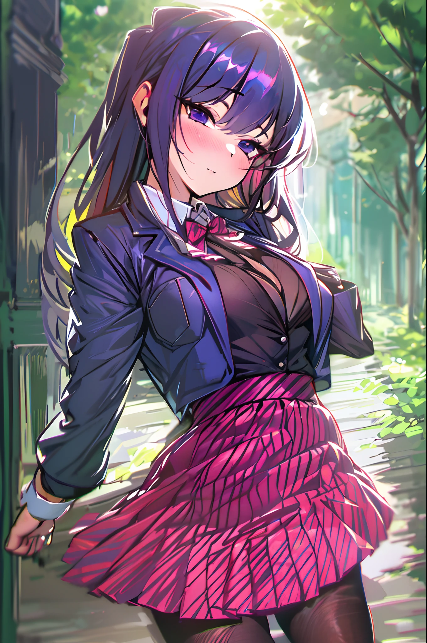 ((komi shouko)), 1girl, bangs, black pantyhose,cleavage_cutout,bursting breast,,undersized clothes,cleavage,blue blazer, (short sleeved shirt, blush), bow, bowtie, breasts, closed mouth, collared shirt, cowboy shot, (diagonal-striped skirt), expressionless, outdoors, highres, (komi-san wa komyushou desu), long hair, looking at viewer, medium breasts, pantyhose, pleated skirt, purple eyes, purple hair, red bow, red bowtie, (red skirt:1.4), shirt, skirt, solo, striped, striped bow, striped bowtie, striped skirt, swept bangs, white shirt,higly detailed,masterpiece,depth of field, masterpiece, best quality, 4k, distinct image, Amazing, hyper detailed, extremely detailed cg, illustration, dramatic lighting, light source contrast, best illumination, high resolution,realistic, (ultra detailed),masterpiece, best quality,erotic,sexy,(masterpiece, best quality:1.4),high quality, highly detailed,detailed,perfect,(Highres), (Detailed Illustration), Ultra-Detailed, Ambient Light, Realistic Shadows, Detailed Face,embarrassed, (lying, on back,:1.4)