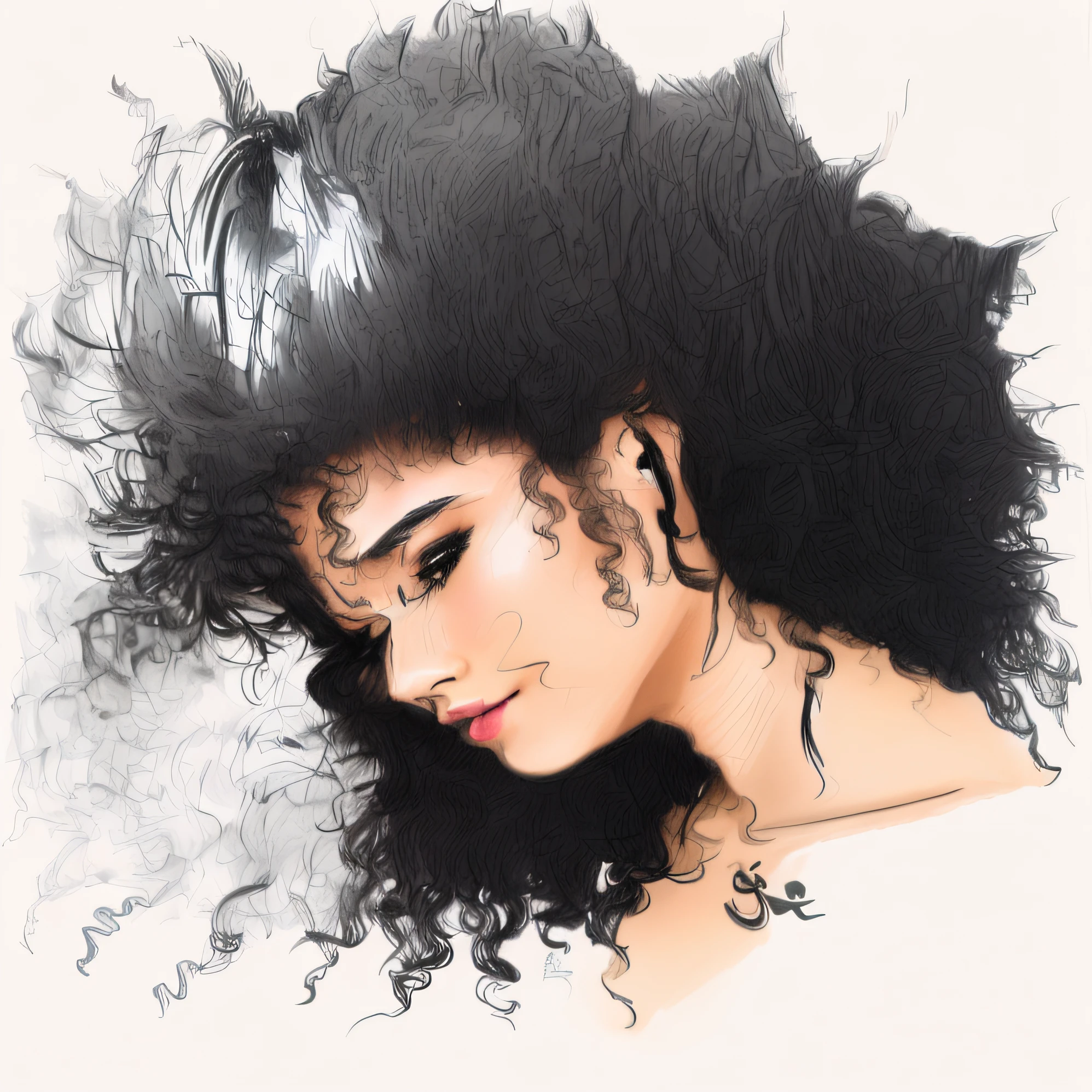 desenho de uma mulher com cabelo encaracolado, artistic drawing, detailed outline, high quality sketch art, Pen drawing, afro encaracolado, fine art sketch, trabalho com caneta e tinta. foco nítido, retrato detalhado, um desenho, sketch art, desenho a tinta digital, cabelo afro, flowing massive hair, desenho a caneta, a pencil sketch, um desenho a tinta digital