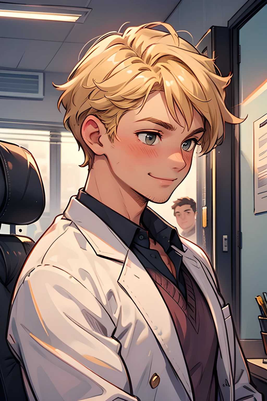 solo,portrait of a young businessman, office background with workers, blonde hair, nervous smile,looking away, blush, shy