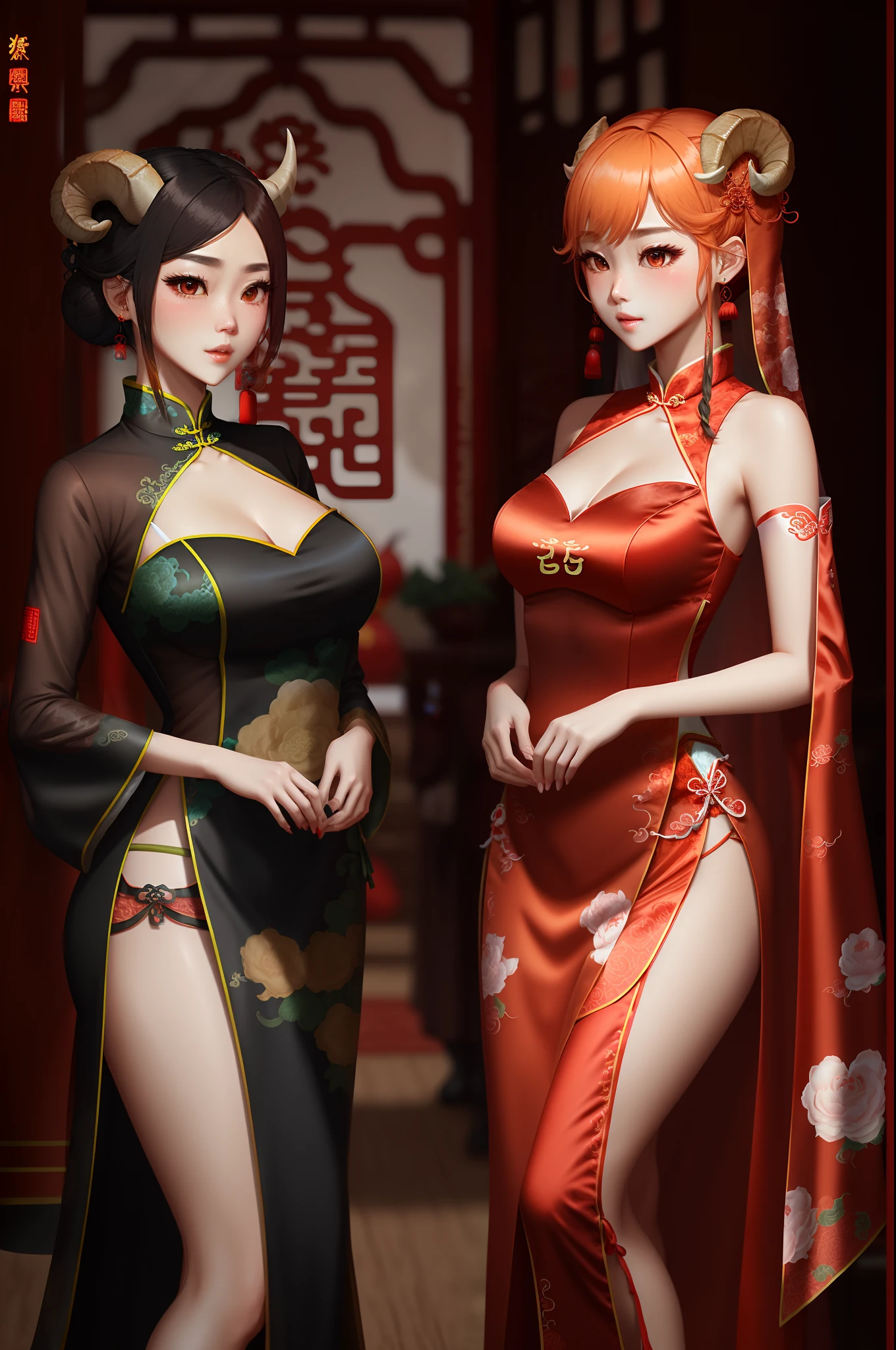 She has bright orange hair in a bun on the left and right.、Brown sheep-horned girl wearing red Chinese wedding costume with blonde patchy eyes