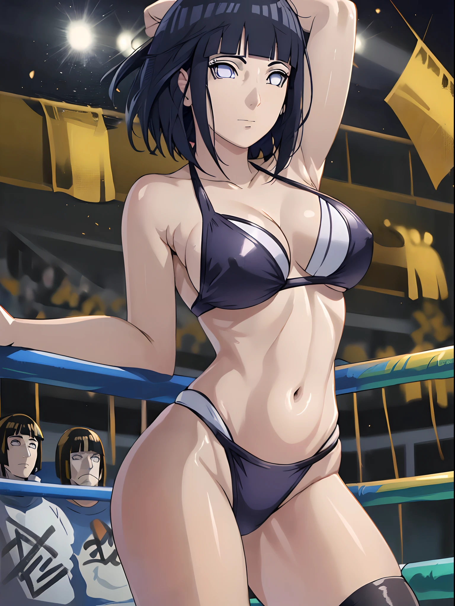 (ultra detailed body, ultra detailed face), ((solo)), anime style, hires, ((pro wrestling arena, pro wrestling match, crowd watching)), (hinata\(boruto\), (female wrestler), (slender body, broad shouders), mature woman, milf, (black bikini, ultra detailed pro wrestling gear), victorious, gorgeous, winner, confident face, closed mouth, (pale skin, shiny skin, lighting and shadow), (dark blue hair color:1.1), wavy hair, ((short hair, hime cut, floating hair), big breasts, ((out cold)), (long belly), (closed fists), seductive, (perfect eyes, white sciera, bright eyes, white eyes, anime eyes, looking at the viewer)