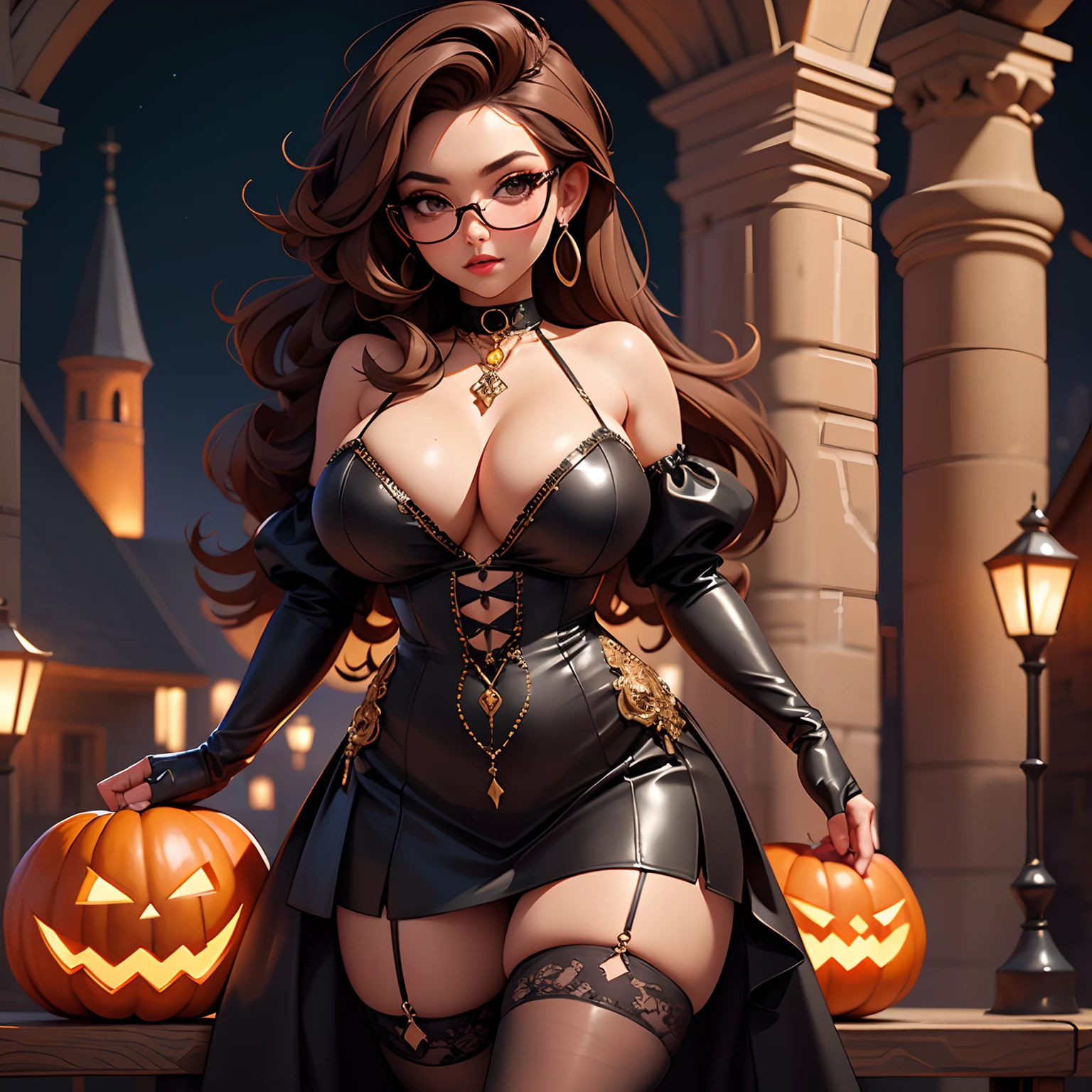 best quality, masterpiece, extremely detailed, detailed background, 1women, black gothic dress, choker, big breast, curvy , tan skin, round glasses, dynamic pose, night town, pumpkin, halloween theme, castle, earring, net tights, long brown hair