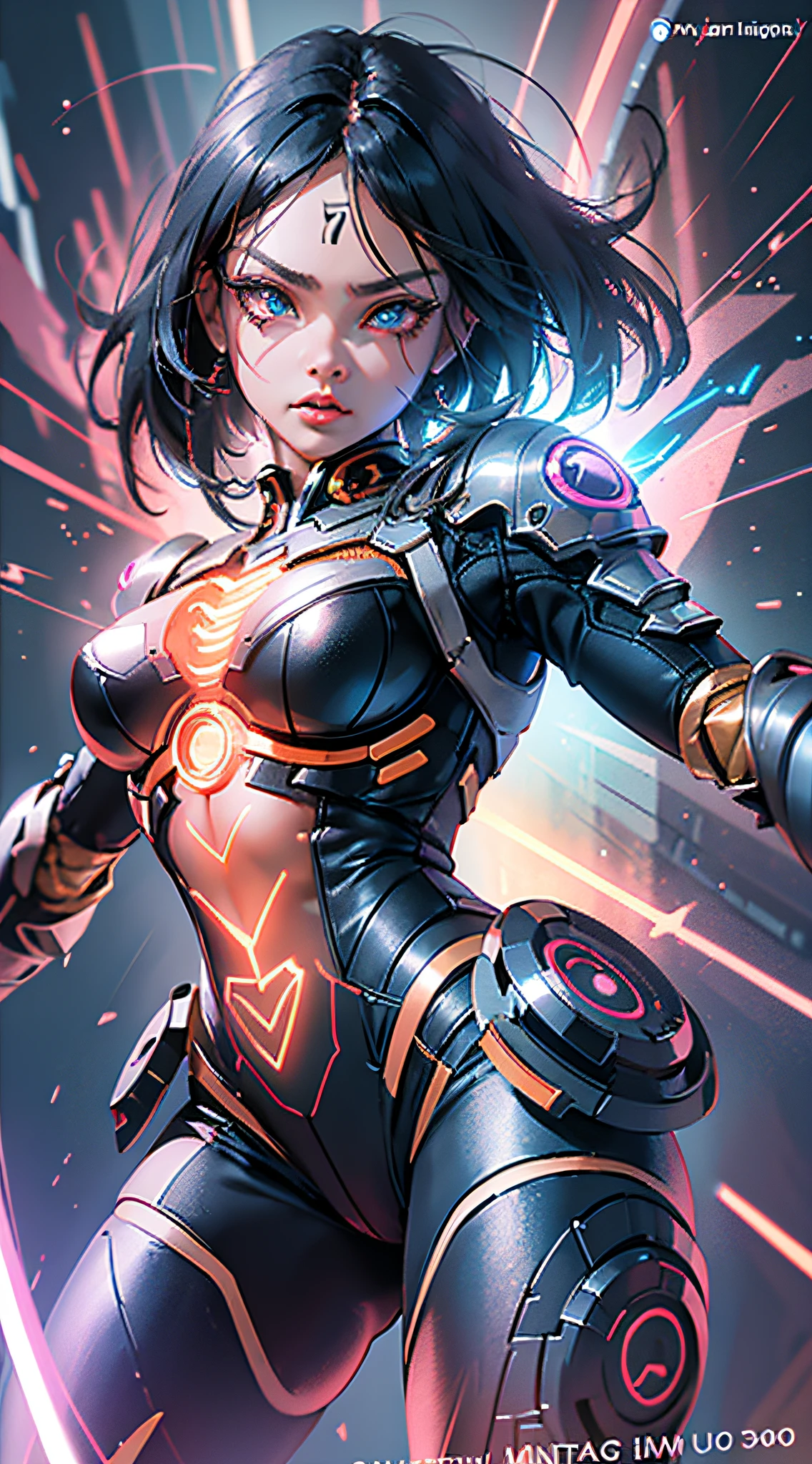 cyborg warrior (Alita Battle Angel), jumping at the viewer in a dynamic position (fighting pose), made of intricate engineering (enhanced cybernetics, pure energy surging throughout her aura, neon fiber optics, portrait, ultra-realism, hyper-detailed, chaotic energy, action background (battle), intricate detail, raytracing, subsurface scattering, shadow blending, cinematic, infinite ultra-resolution image quality and render, cinematic color grade