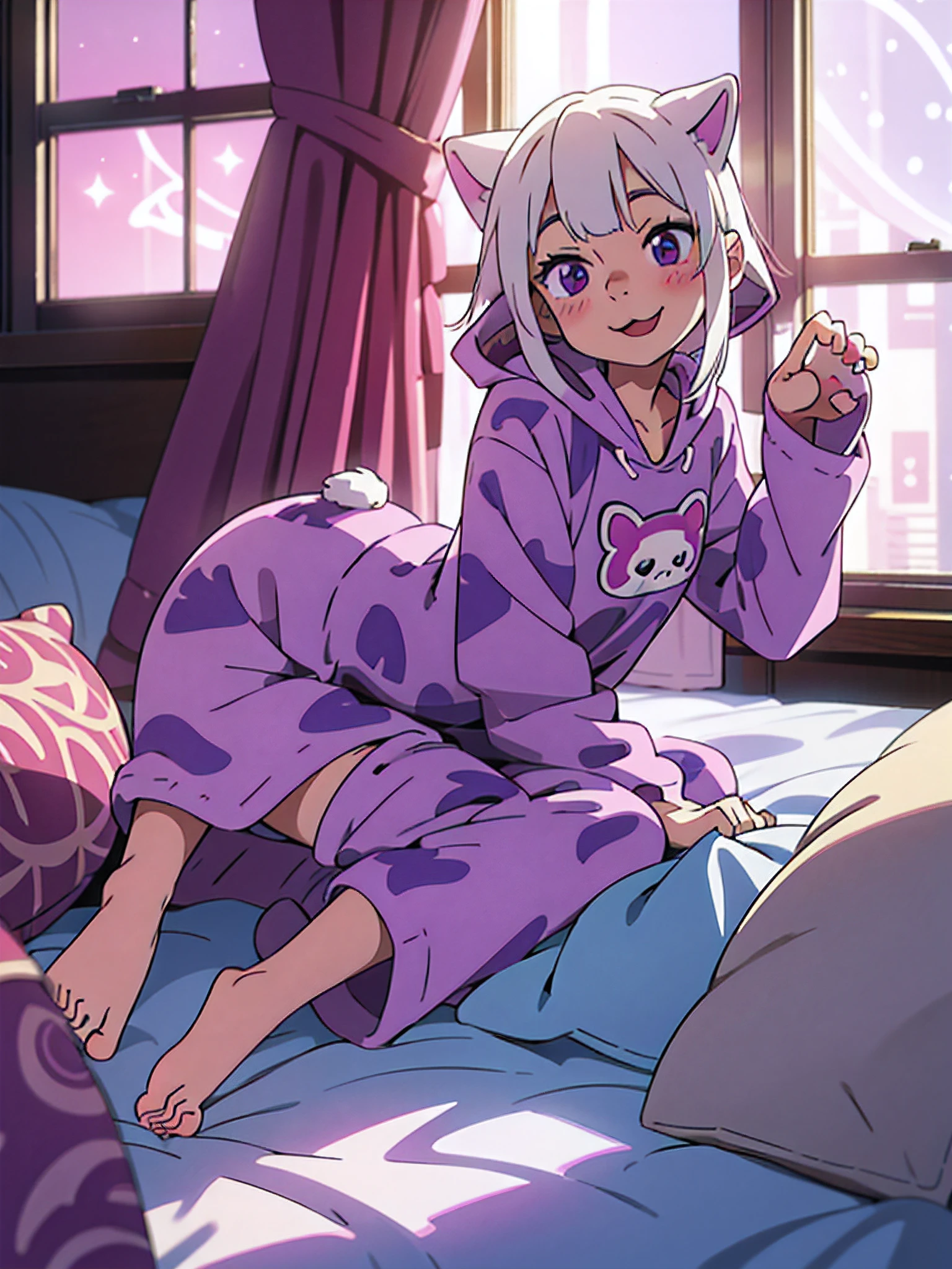 1girll, White hair, Purple eyes, onesie, Animal hood, Animal print, Whiskers, Indoors, Bedroom, plushies, on top of the bed, Sitting, Knees up, (paw pose:1.2), Smile, (:3:1.1), Open mouth, Blush, window, (Night sky:1.01), Barefoot, A sole,