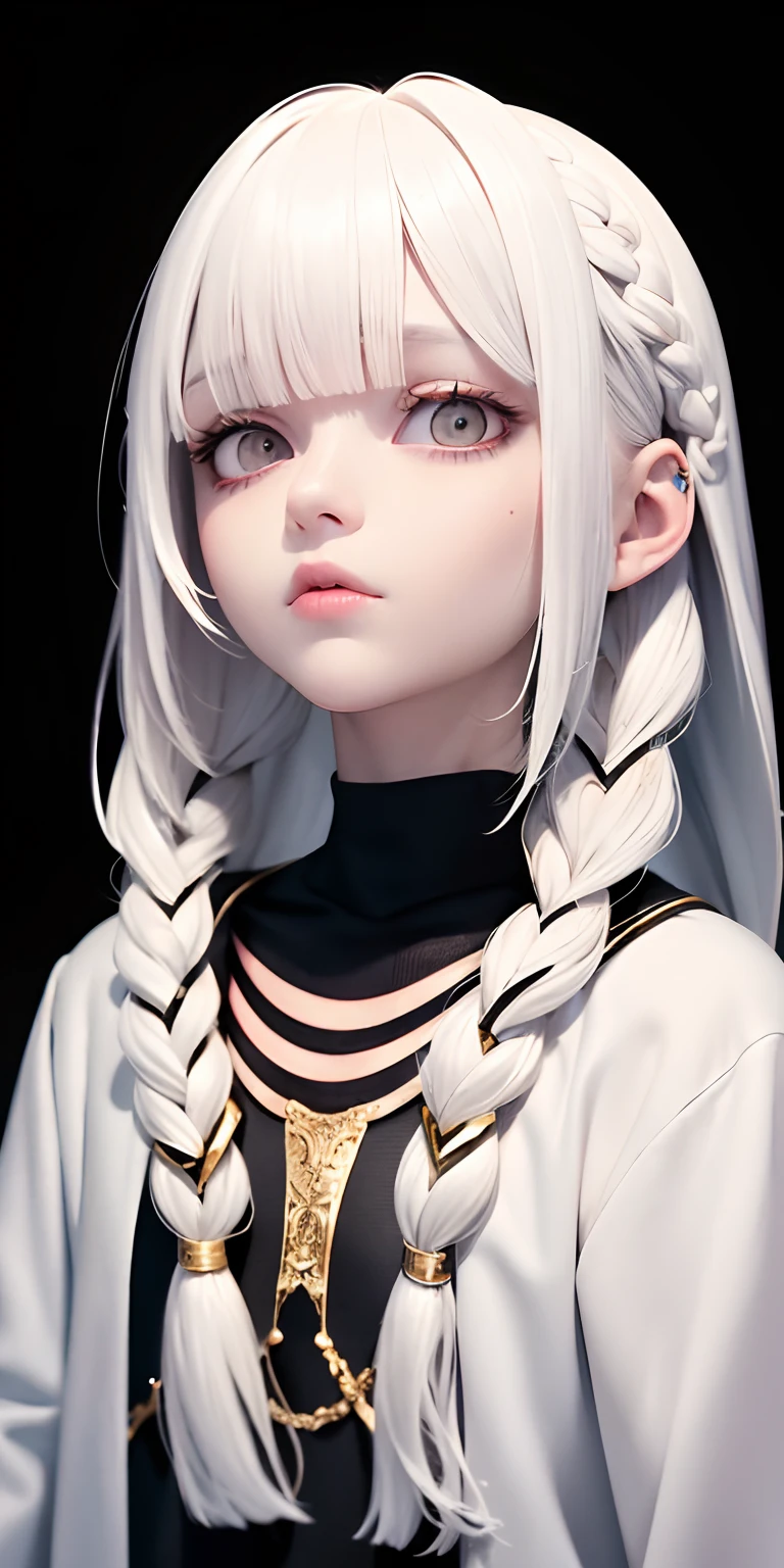 Need,tmasterpiece,whaite hair,Golden eyes,Manteau blanc,Look up,The upper part of the body,Hairline,Fair skin,Side braids are wrapped around tentacles,There is mucus on the body, the eyes are confused, and the clothes are semi-transparent